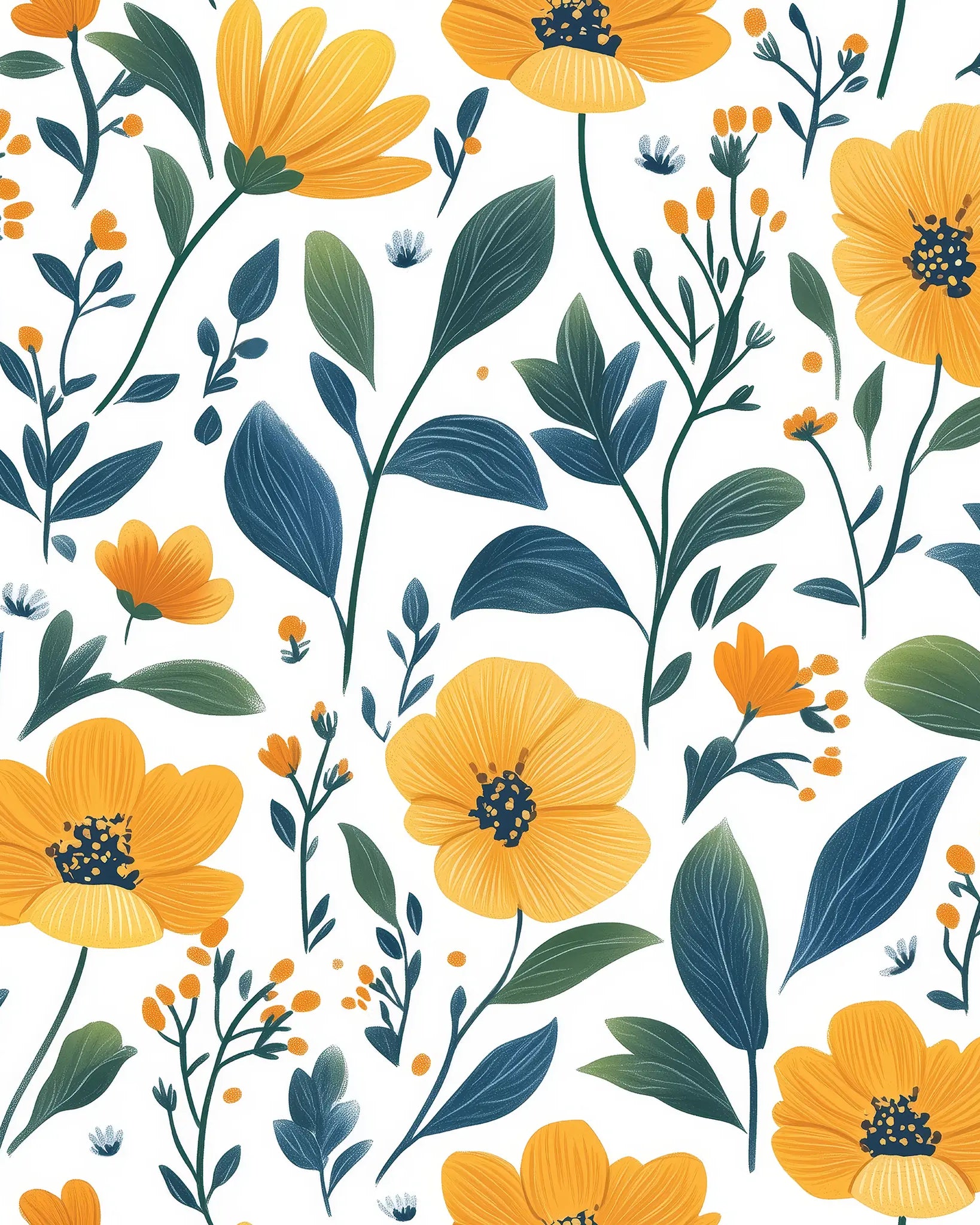 Pattern of yellow flowers and green leaves on a white background