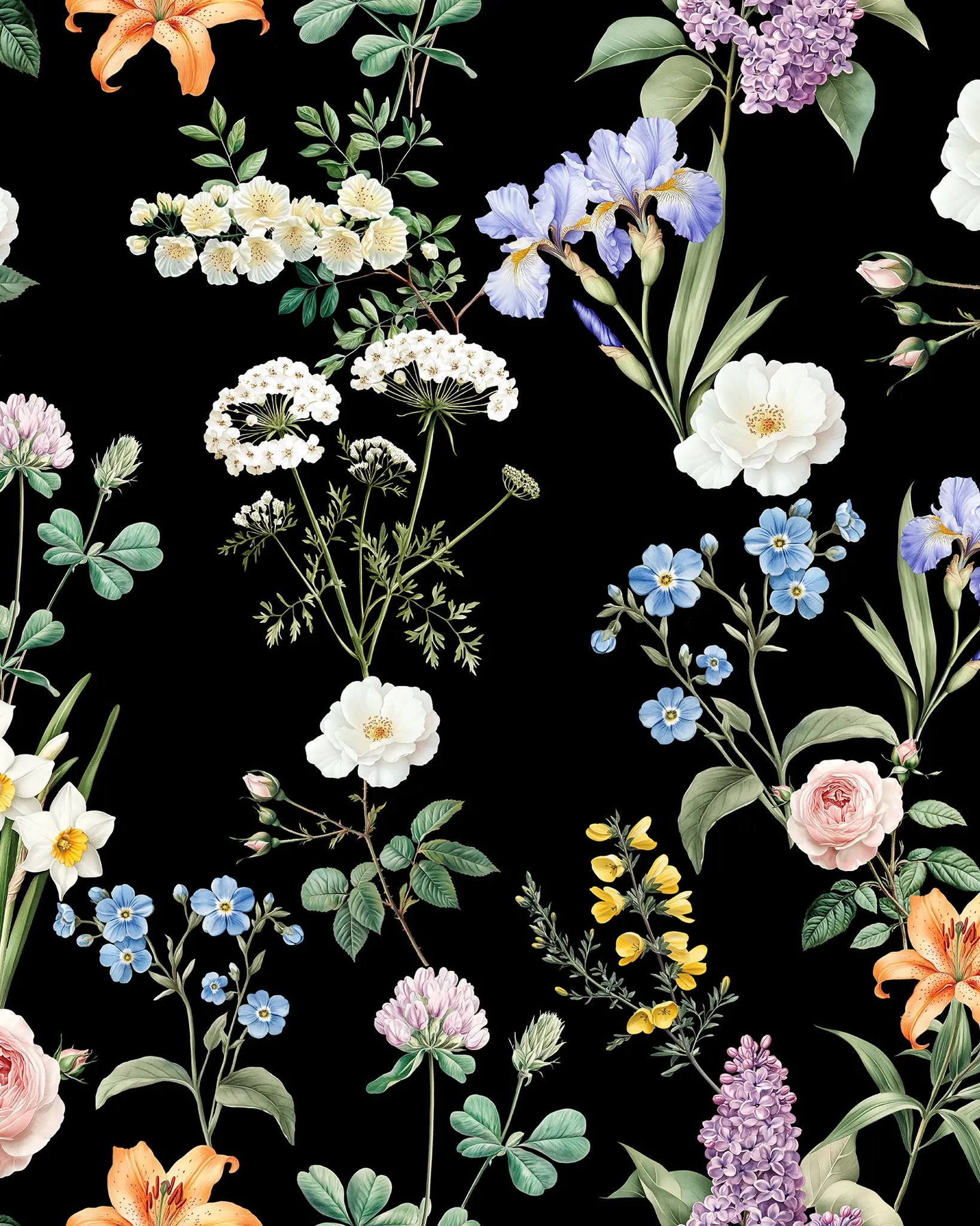Floral pattern with various flowers on a black background