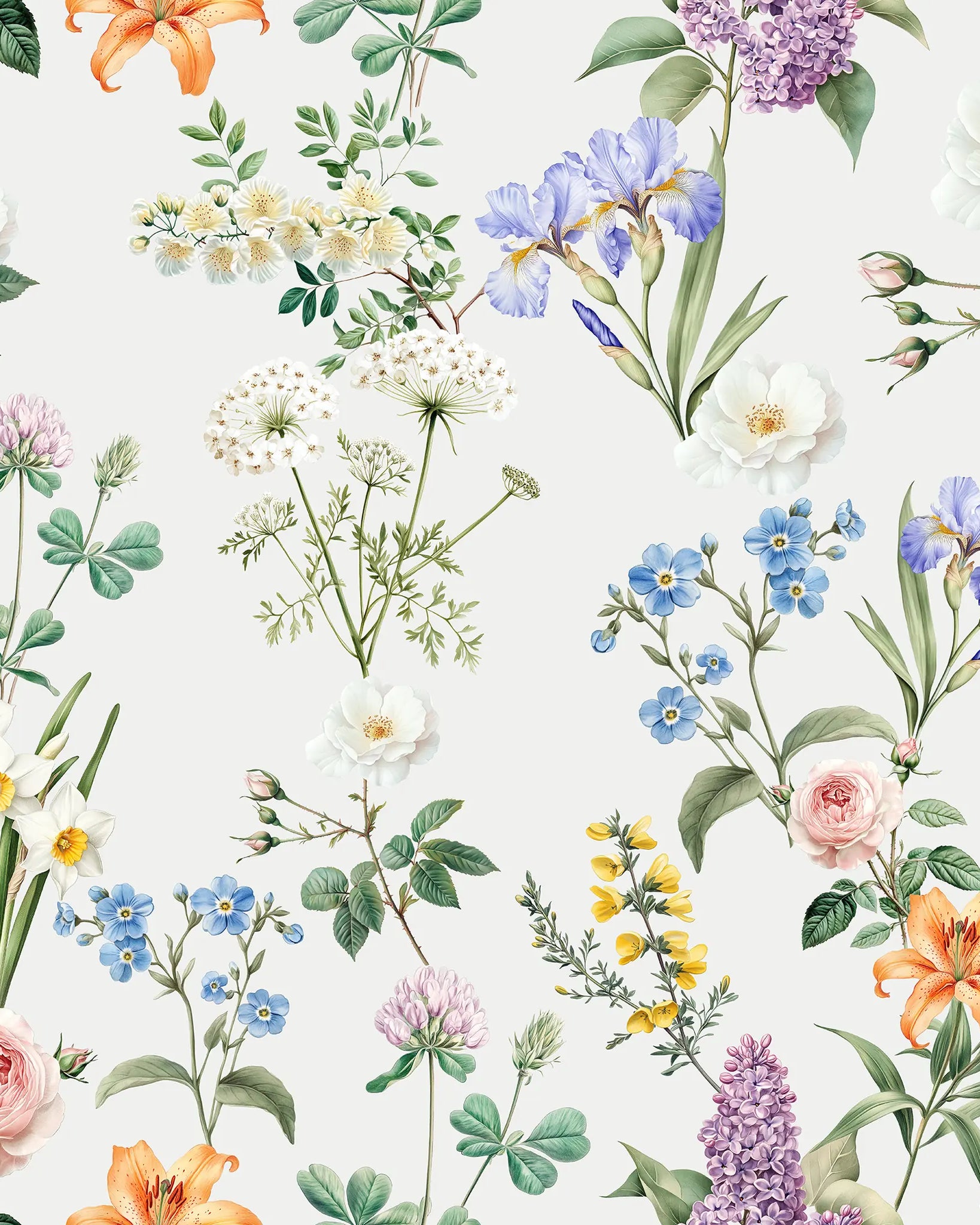 Pattern of various flowers and leaves on a white background