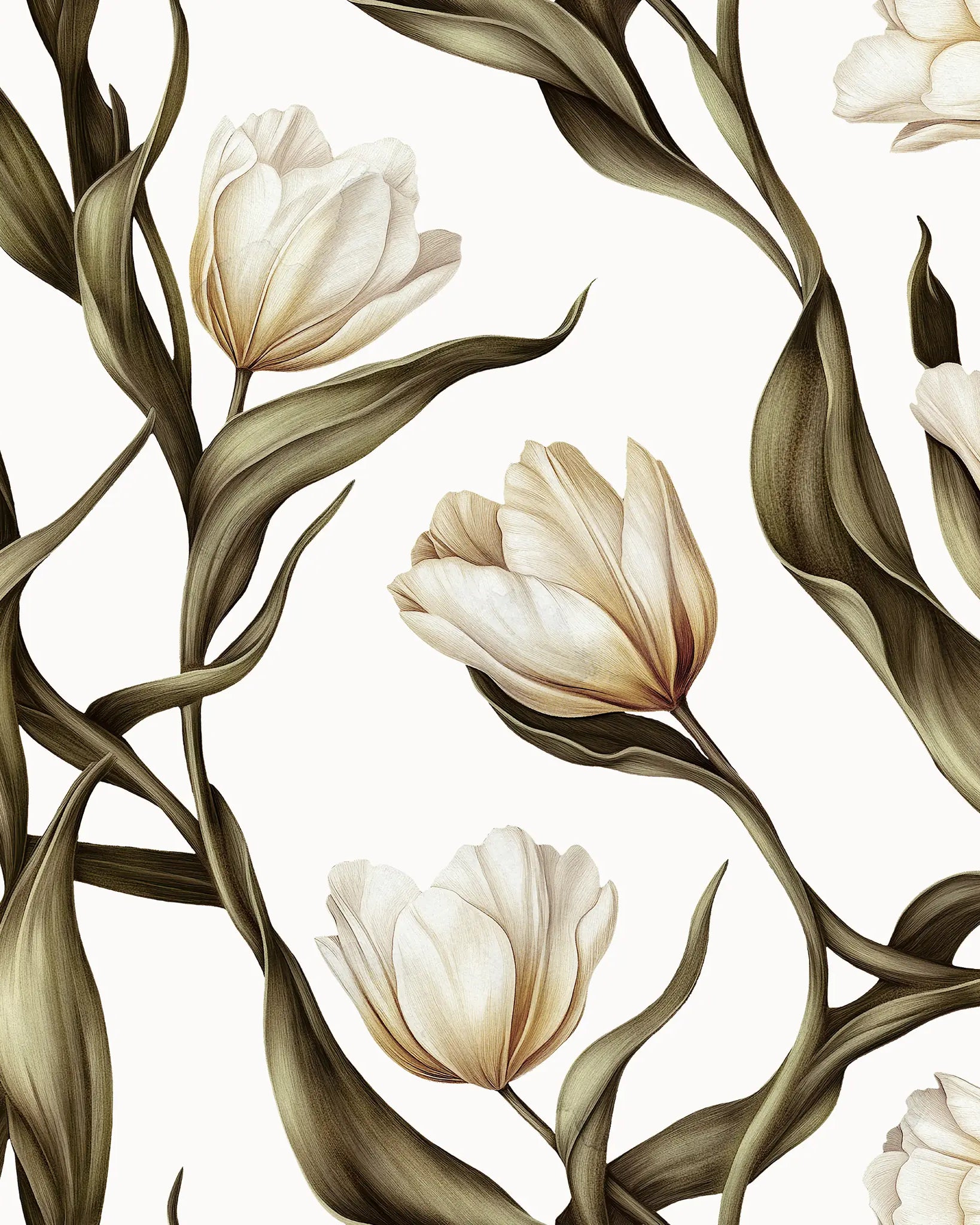 Pattern of beige tulips with green leaves on a light background