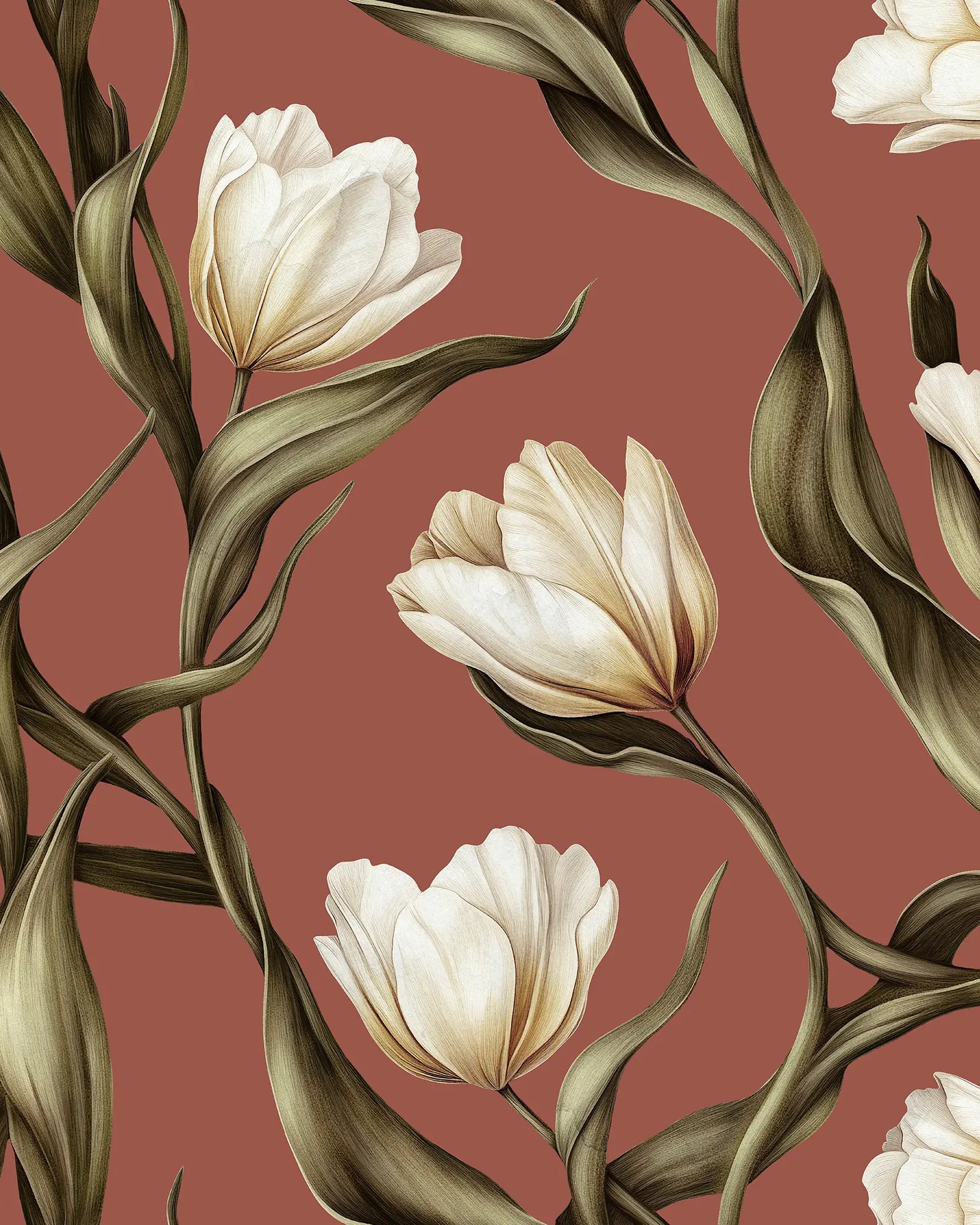 Pattern of white tulips with green leaves on a red-brown background