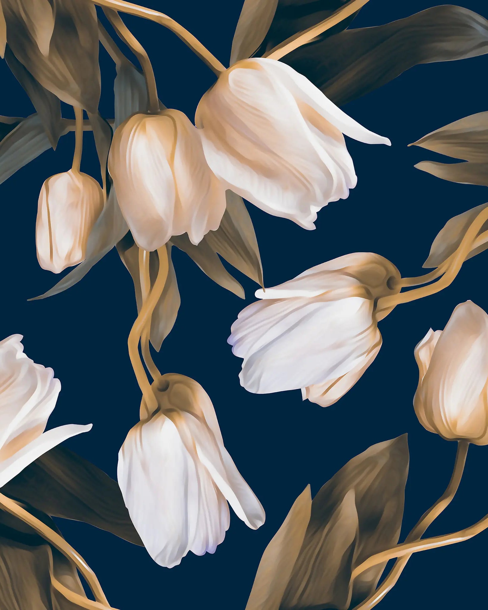 Pattern of beige tulips on a dark blue background
