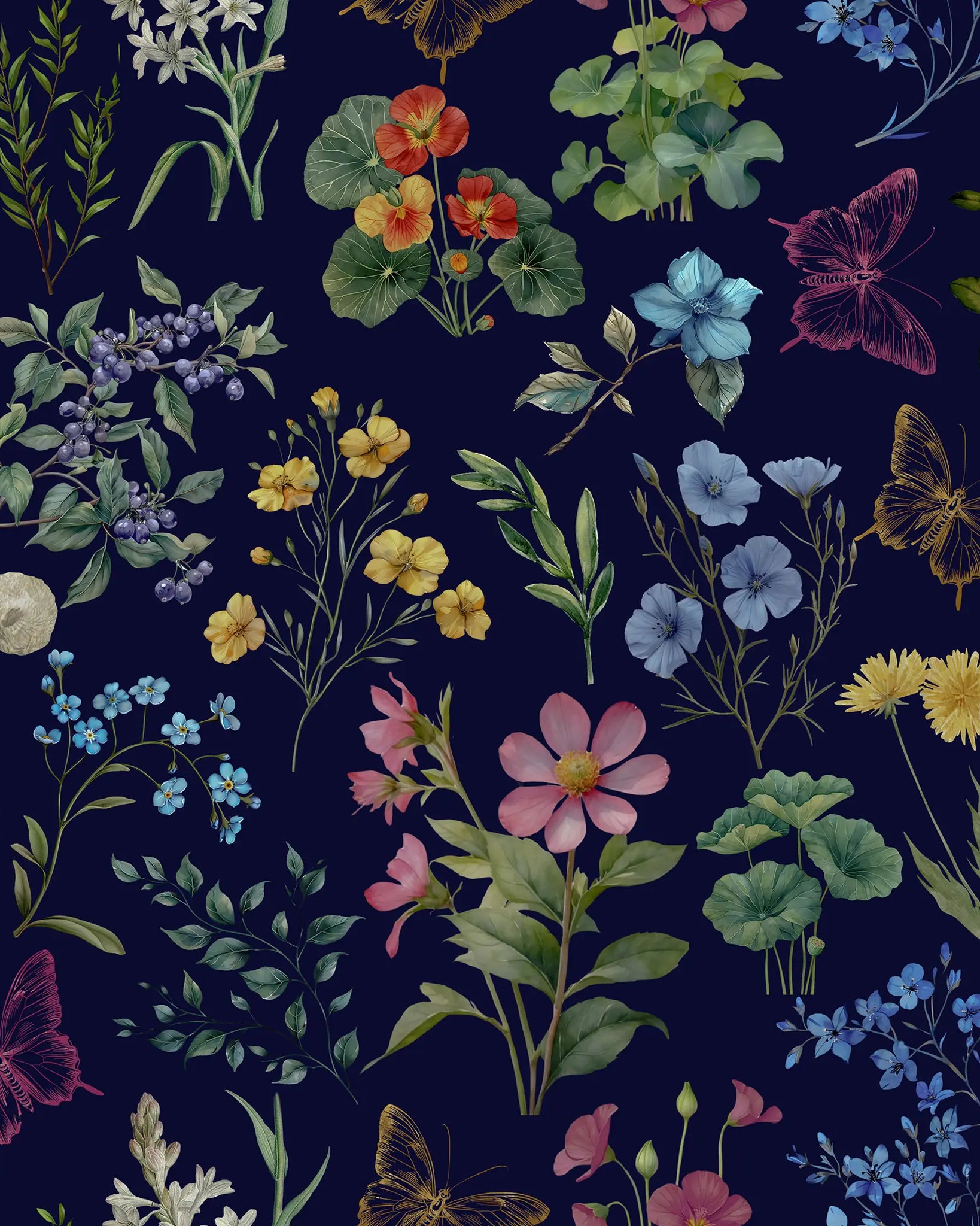 Colorful floral and butterfly pattern on a dark blue background