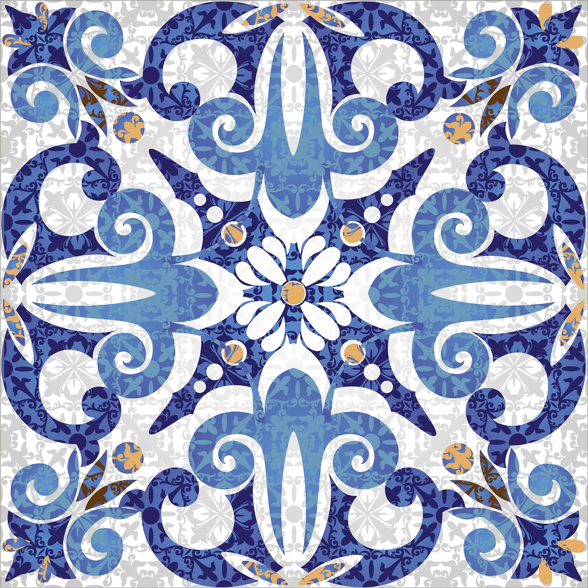 Decorative tile with blue and white floral pattern on a white background