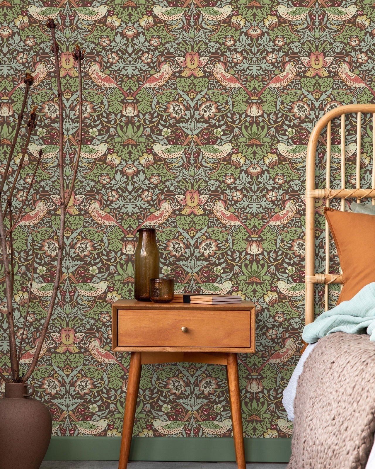 William Morris X Strawberry Thief Peel and Stick Wallpaper, Removable Wallpaper, Traditional Wallpaper - Brown | DeccoPrint