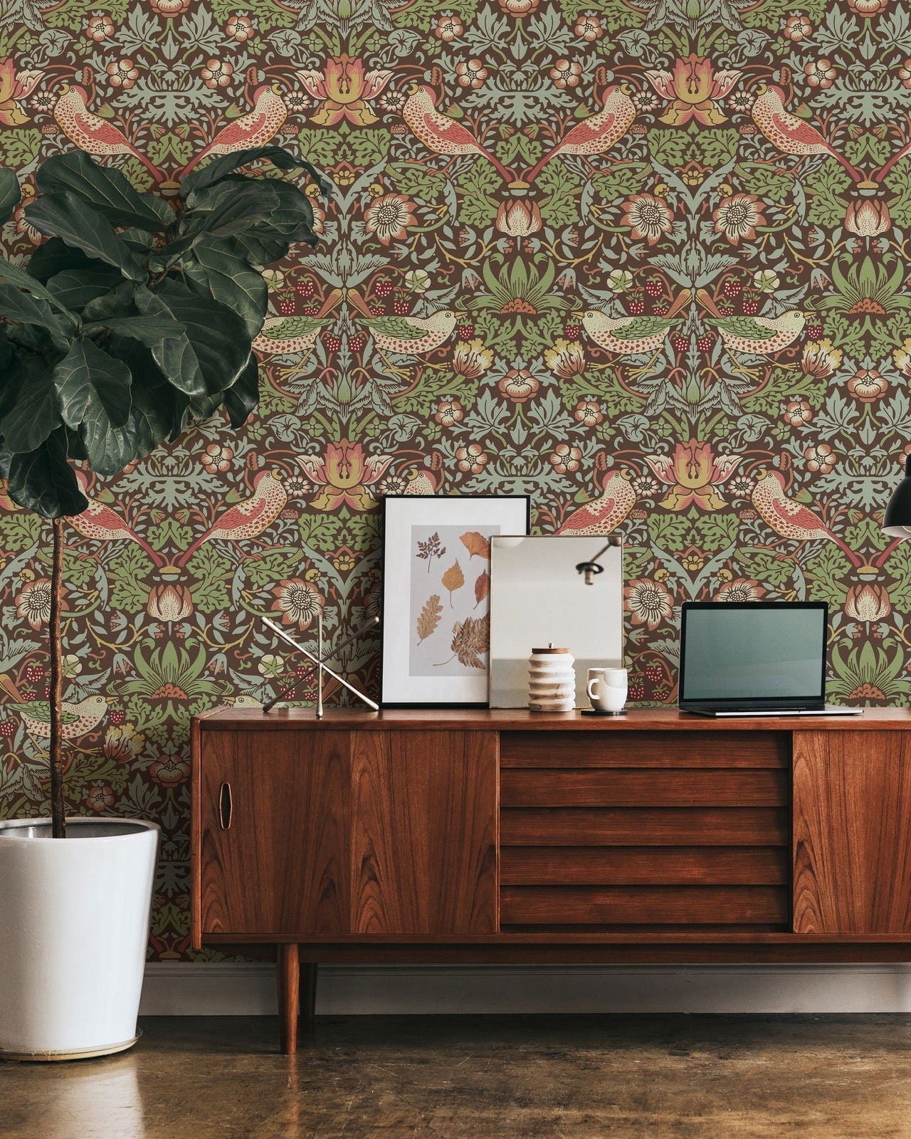 William Morris X Strawberry Thief Peel and Stick Wallpaper, Removable Wallpaper, Traditional Wallpaper - Brown | DeccoPrint