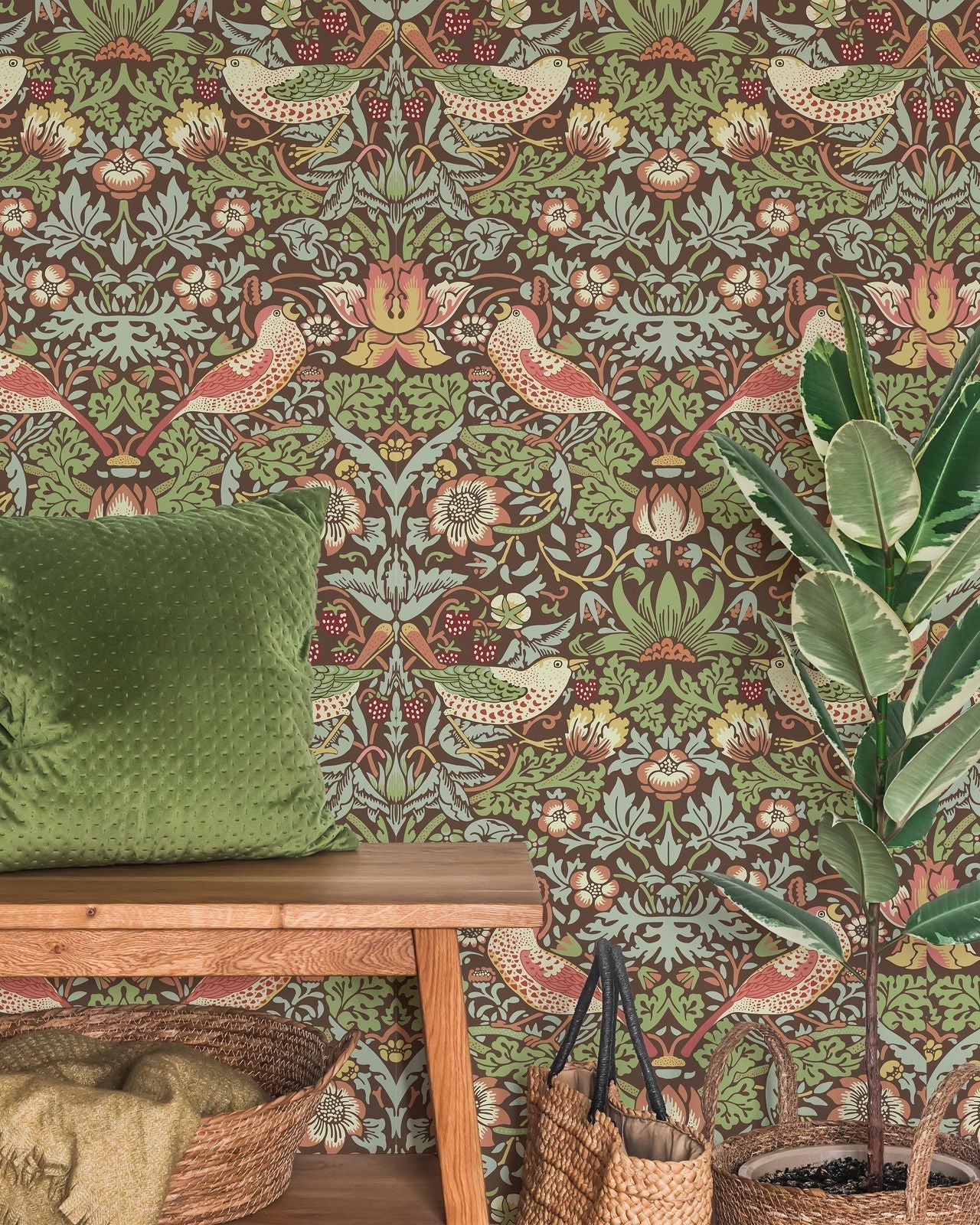William Morris X Strawberry Thief Peel and Stick Wallpaper, Removable Wallpaper, Traditional Wallpaper - Brown | DeccoPrint