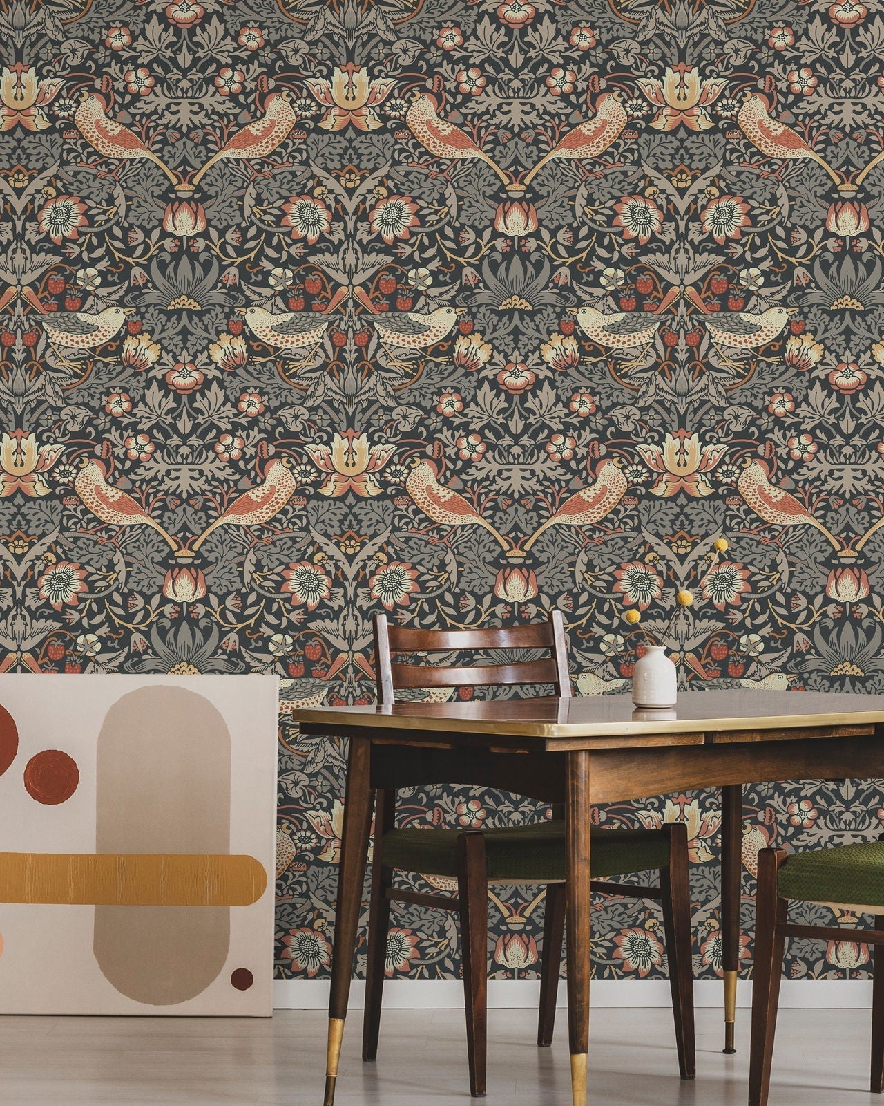William Morris X Strawberry Thief Peel and Stick Wallpaper, Removable Wallpaper, Traditional Wallpaper - Charcoal | DeccoPrint