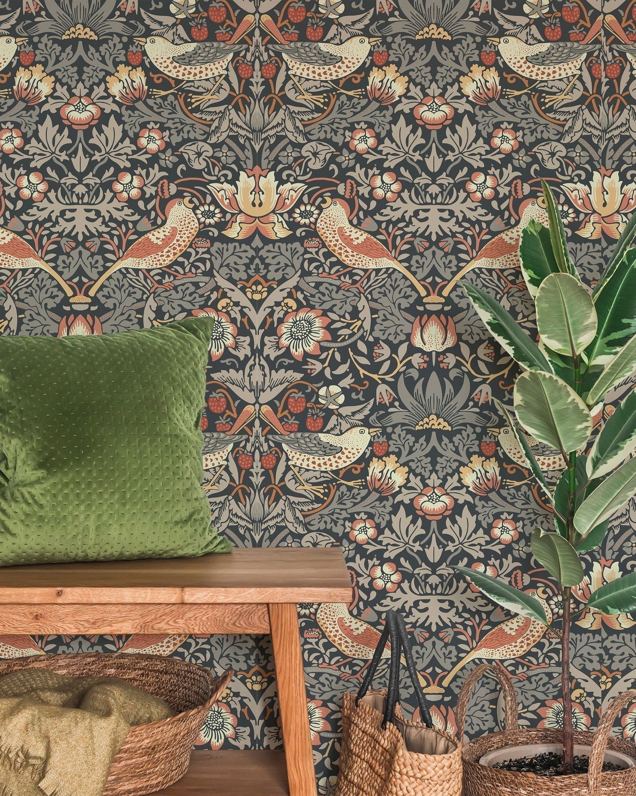 William Morris X Strawberry Thief Peel and Stick Wallpaper, Removable Wallpaper, Traditional Wallpaper - Charcoal | DeccoPrint