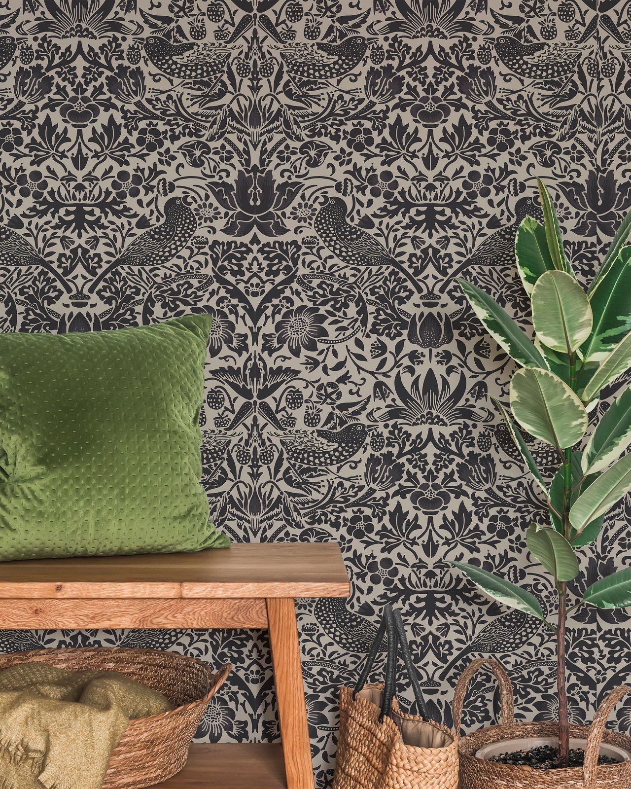 William Morris X Strawberry Thief Peel and Stick Wallpaper, Removable Wallpaper, Traditional Wallpaper - Graphite | DeccoPrint