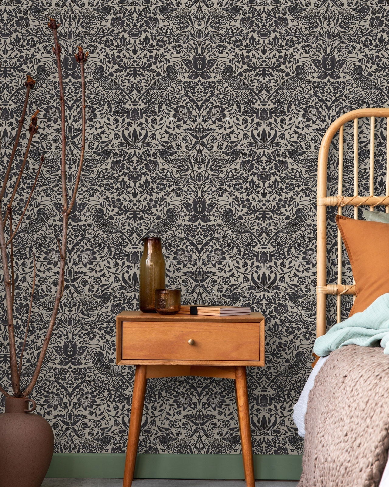 William Morris X Strawberry Thief Peel and Stick Wallpaper, Removable Wallpaper, Traditional Wallpaper - Graphite | DeccoPrint