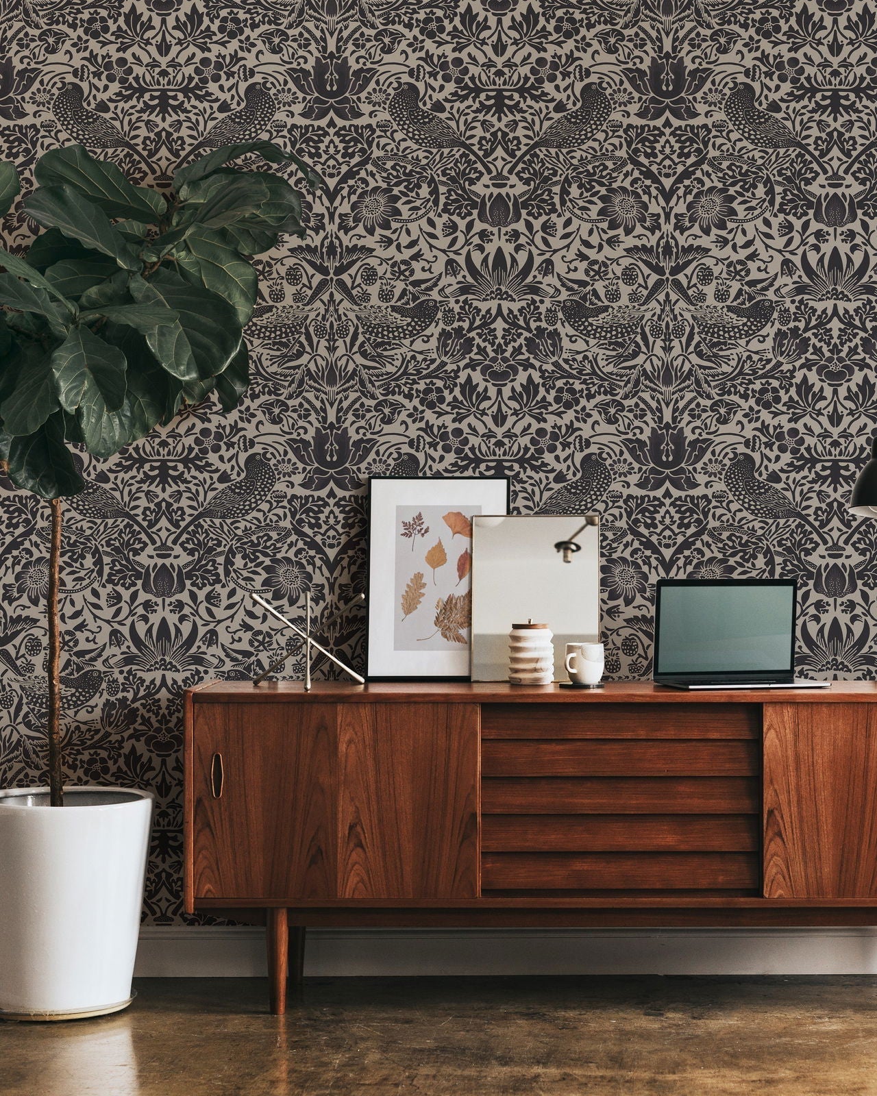 William Morris X Strawberry Thief Peel and Stick Wallpaper, Removable Wallpaper, Traditional Wallpaper - Graphite | DeccoPrint