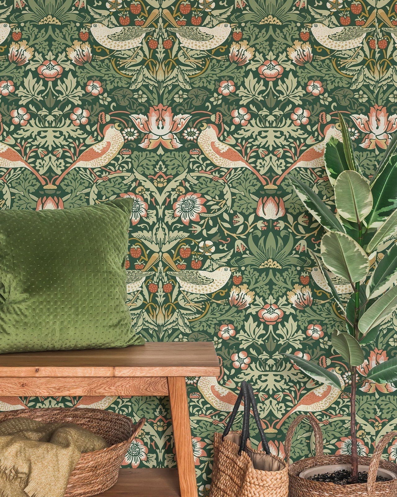 William Morris X Strawberry Thief Peel and Stick Wallpaper, Removable Wallpaper, Traditional Wallpaper - Green | DeccoPrint
