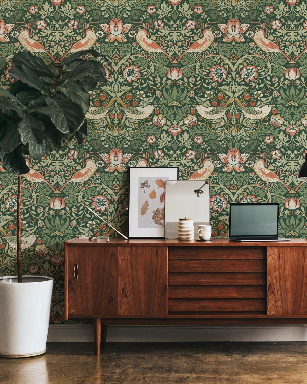 William Morris X Strawberry Thief Peel and Stick Wallpaper, Removable Wallpaper, Traditional Wallpaper - Green | DeccoPrint