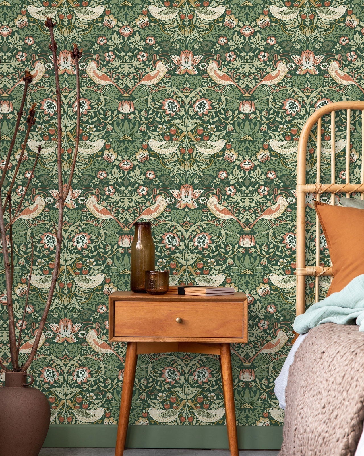 William Morris X Strawberry Thief Peel and Stick Wallpaper, Removable Wallpaper, Traditional Wallpaper - Green | DeccoPrint