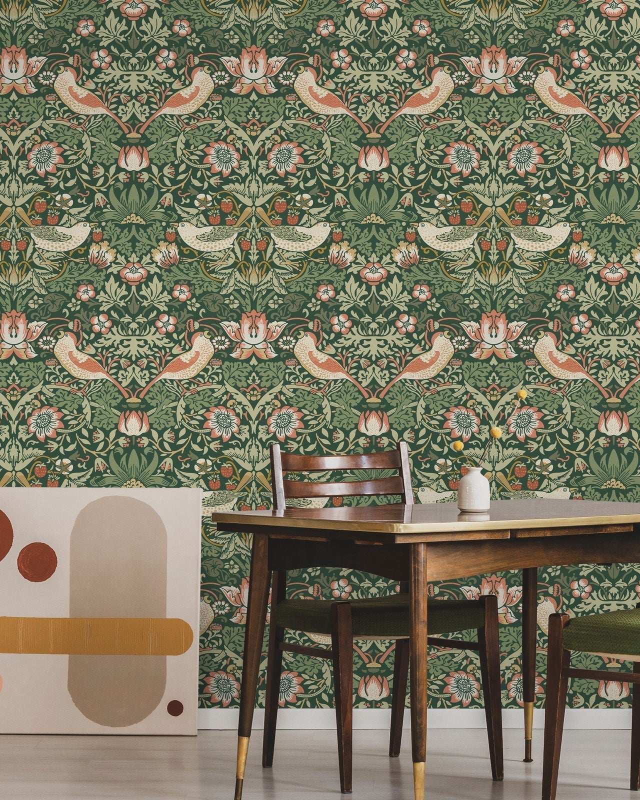 William Morris X Strawberry Thief Peel and Stick Wallpaper, Removable Wallpaper, Traditional Wallpaper - Green | DeccoPrint