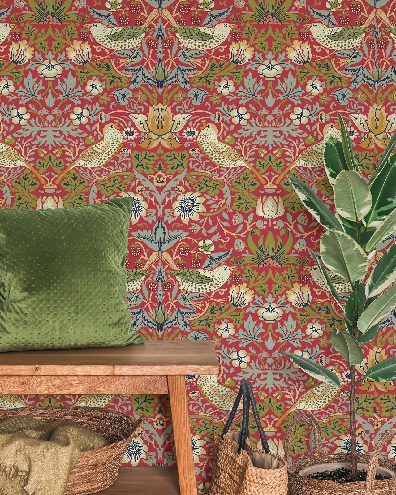 William Morris X Strawberry Thief Peel and Stick Wallpaper, Removable Wallpaper, Traditional Wallpaper - Red | DeccoPrint