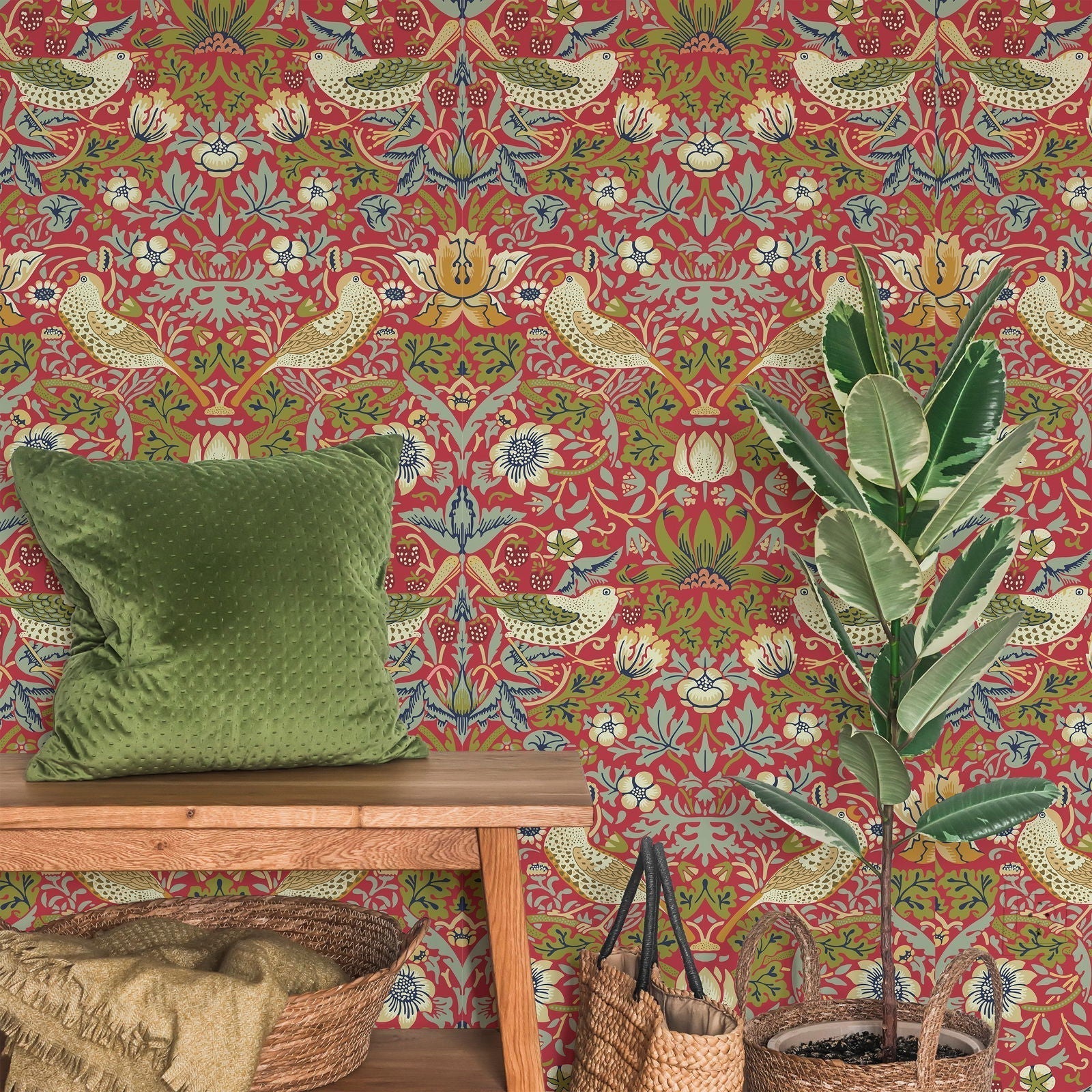William Morris X Strawberry Thief Peel and Stick Wallpaper, Removable Wallpaper, Traditional Wallpaper - Red | DeccoPrint