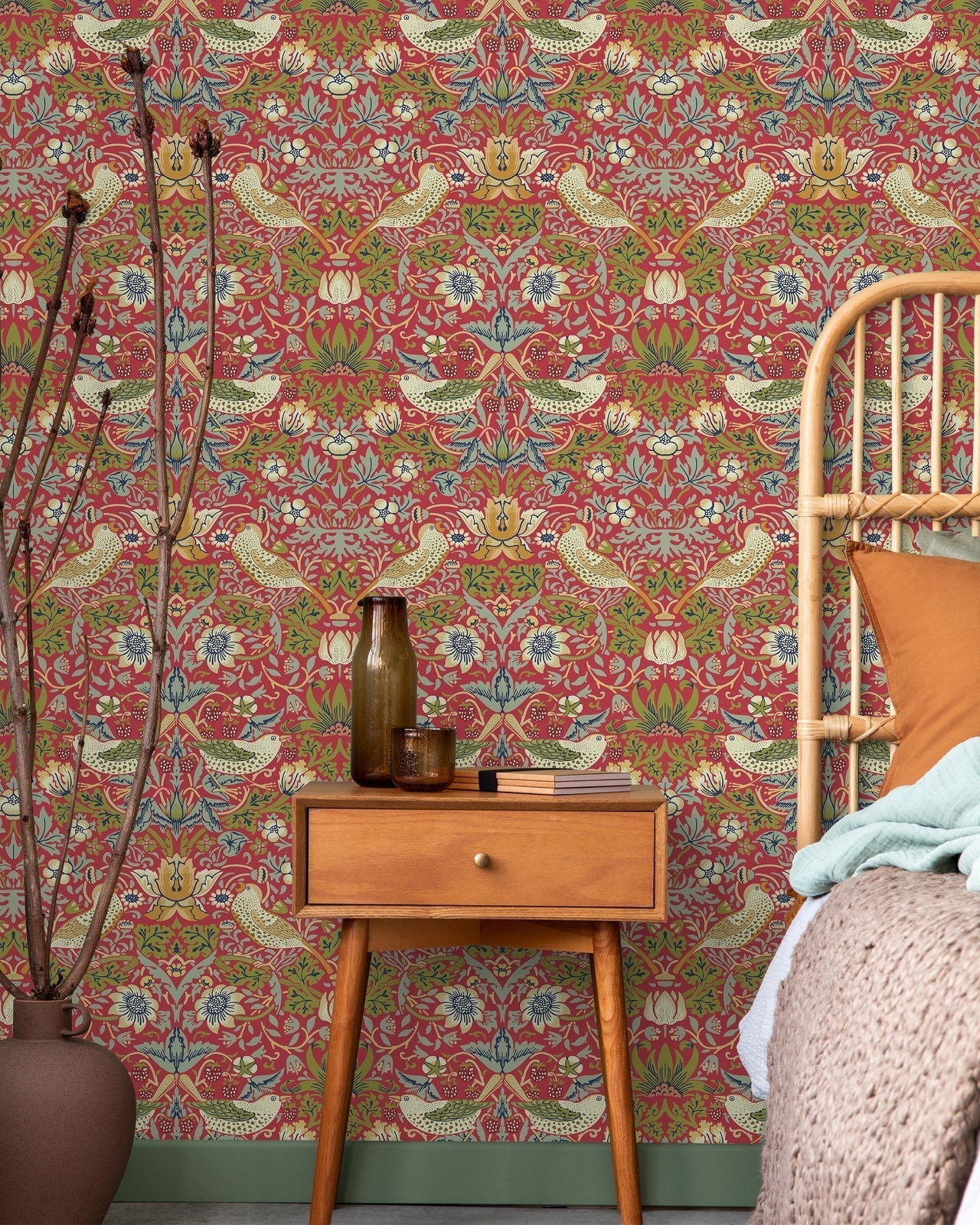 William Morris X Strawberry Thief Peel and Stick Wallpaper, Removable Wallpaper, Traditional Wallpaper - Red | DeccoPrint