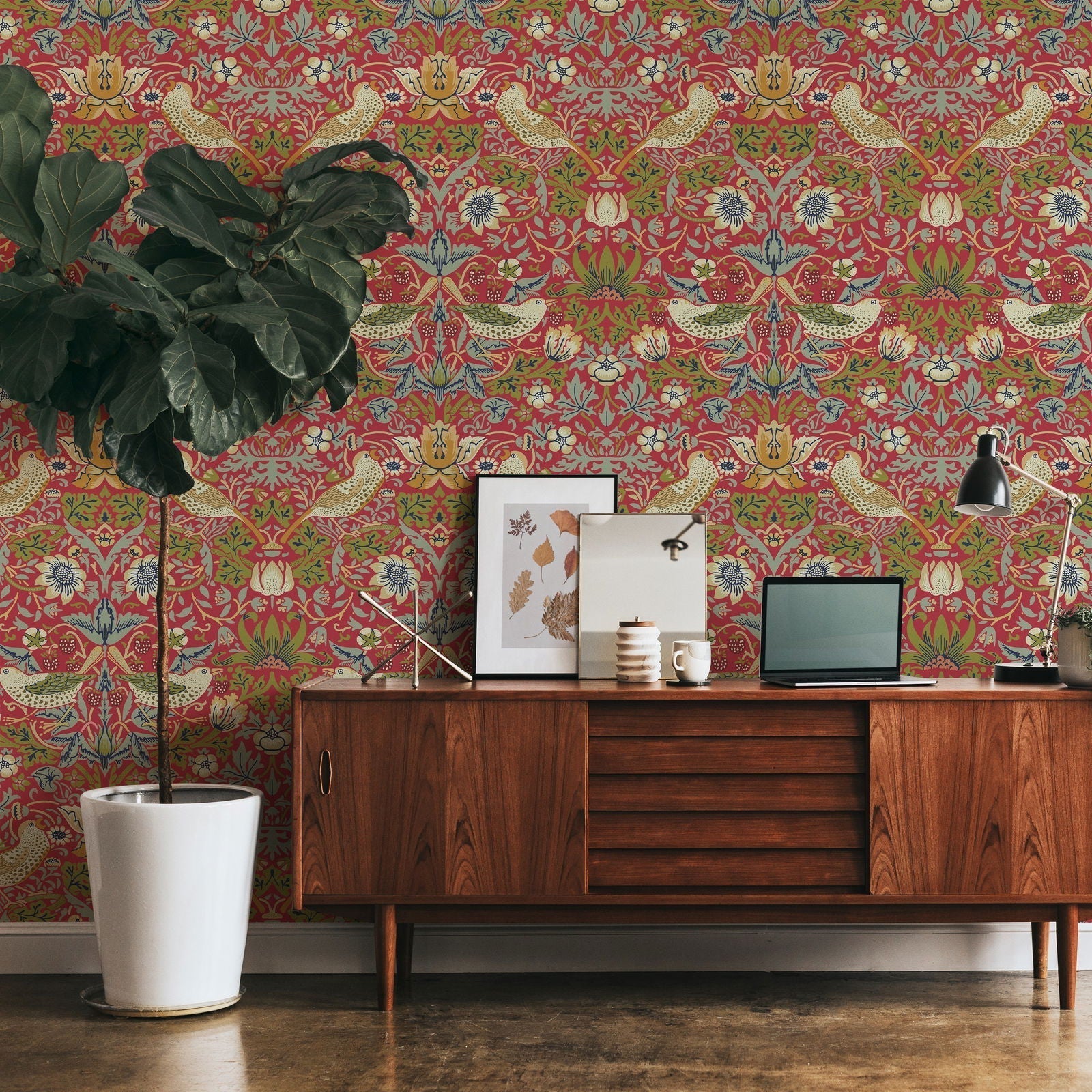 William Morris X Strawberry Thief Peel and Stick Wallpaper, Removable Wallpaper, Traditional Wallpaper - Red | DeccoPrint