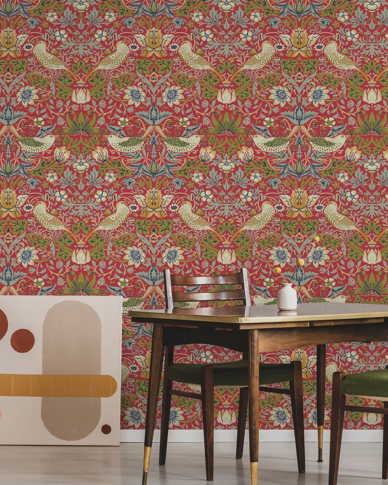 William Morris X Strawberry Thief Peel and Stick Wallpaper, Removable Wallpaper, Traditional Wallpaper - Red | DeccoPrint