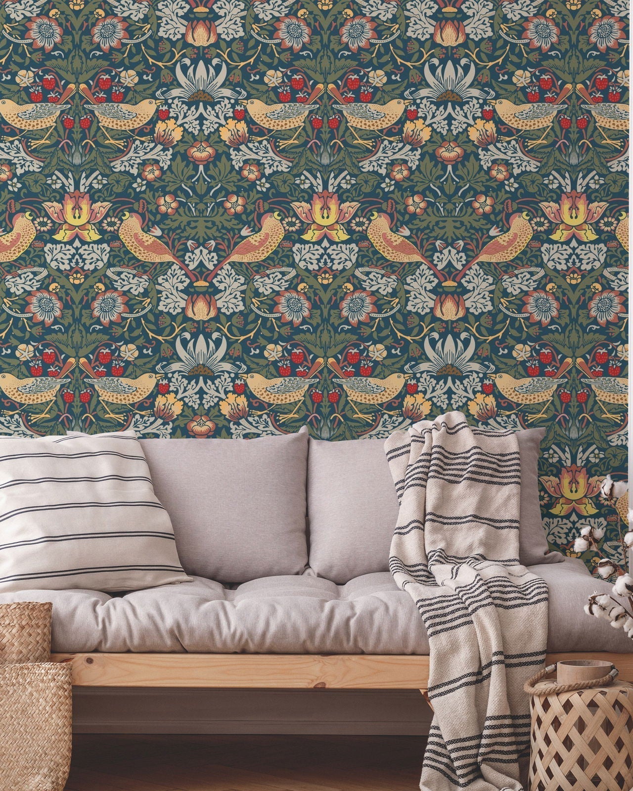 William Morris X Strawberry Thief Peel and Stick Wallpaper, Removable Wallpaper, Traditional Wallpaper - Sage | DeccoPrint