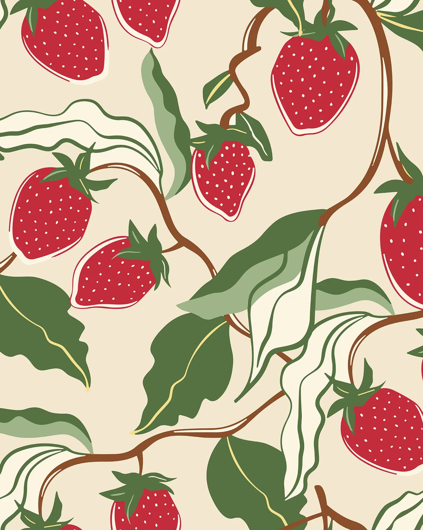 Pattern of red strawberries and green leaves on a beige background