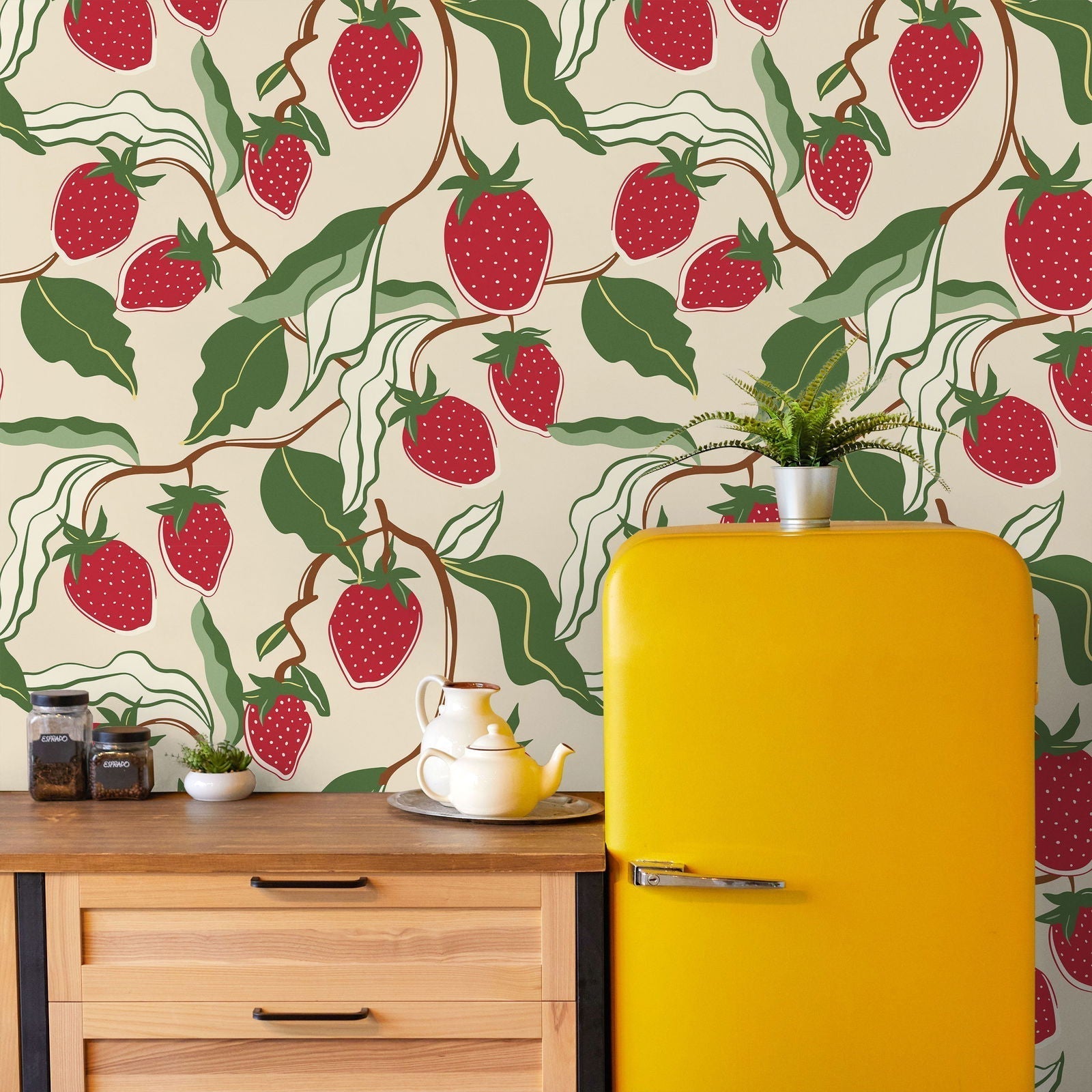 Strawberry Vines Peel and Stick Wallpaper, Removable Wallpaper, Traditional Wallpaper | DeccoPrint
