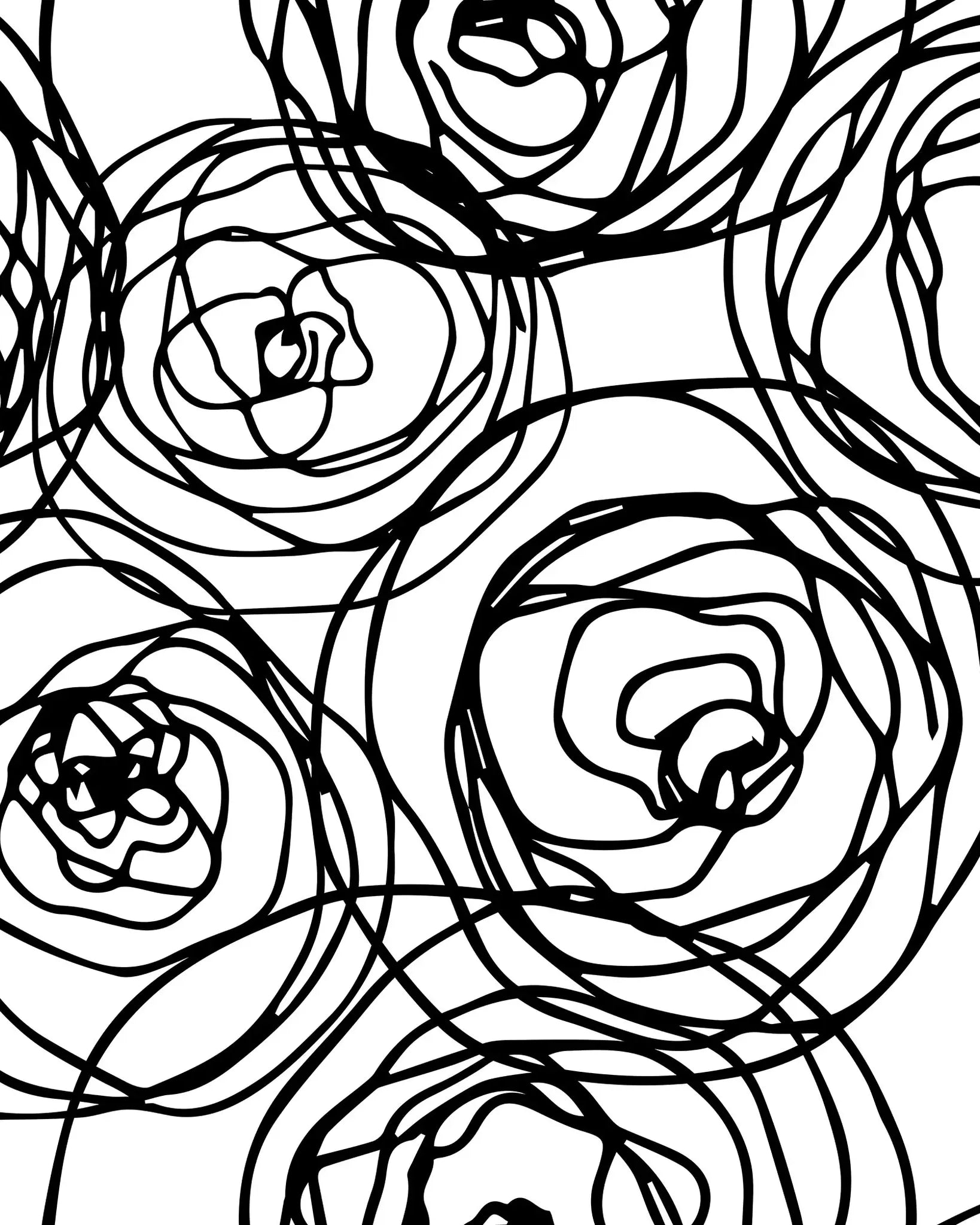 Black line art of roses on a white background