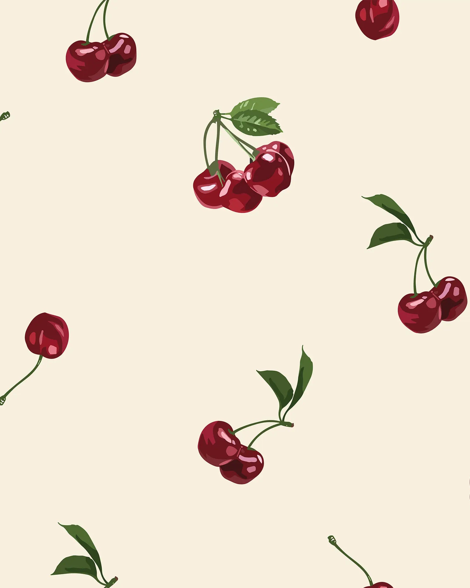 Pattern of red cherries with green leaves on a beige background