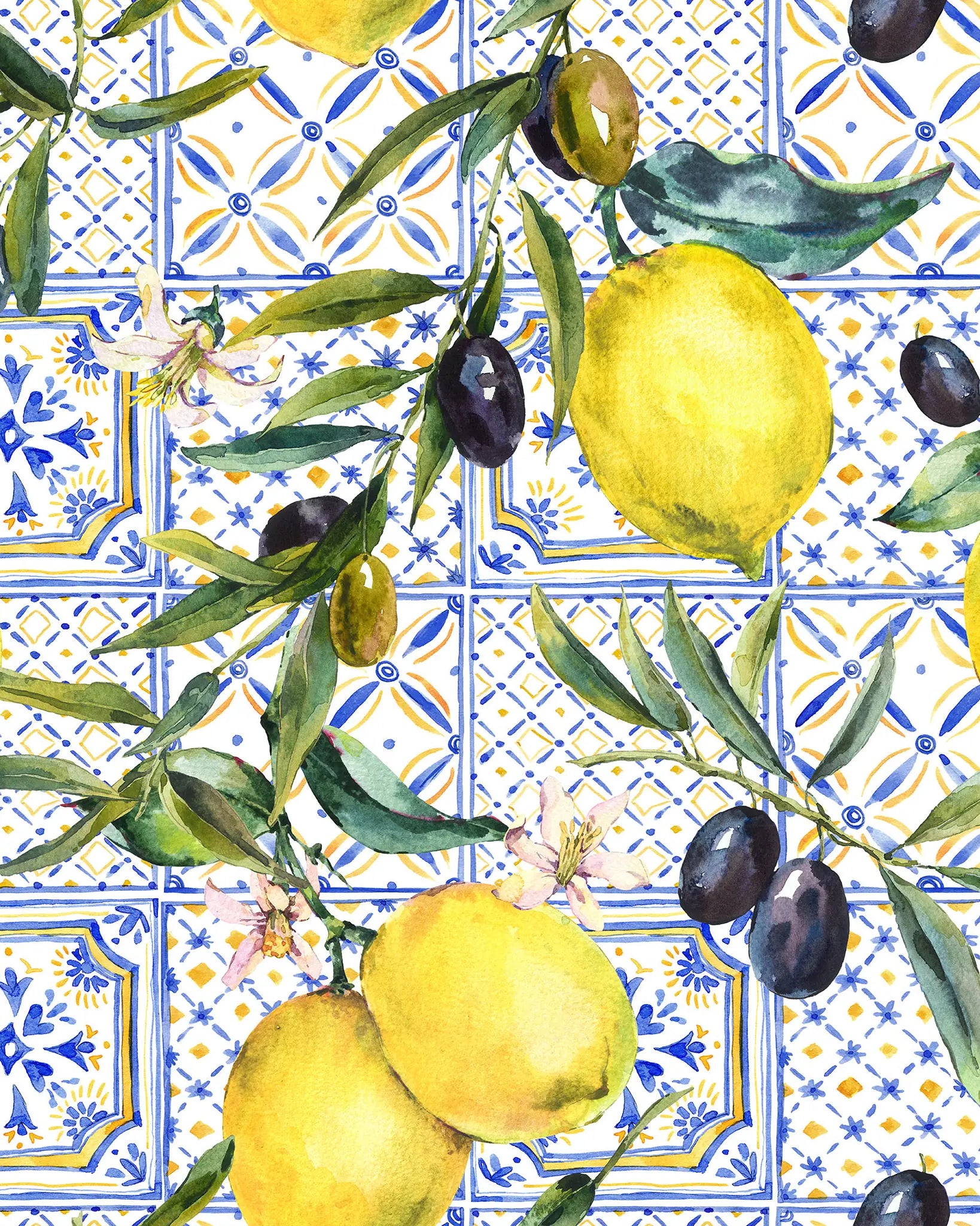 Pattern of lemons, olives, and green leaves on a blue and white tiled background