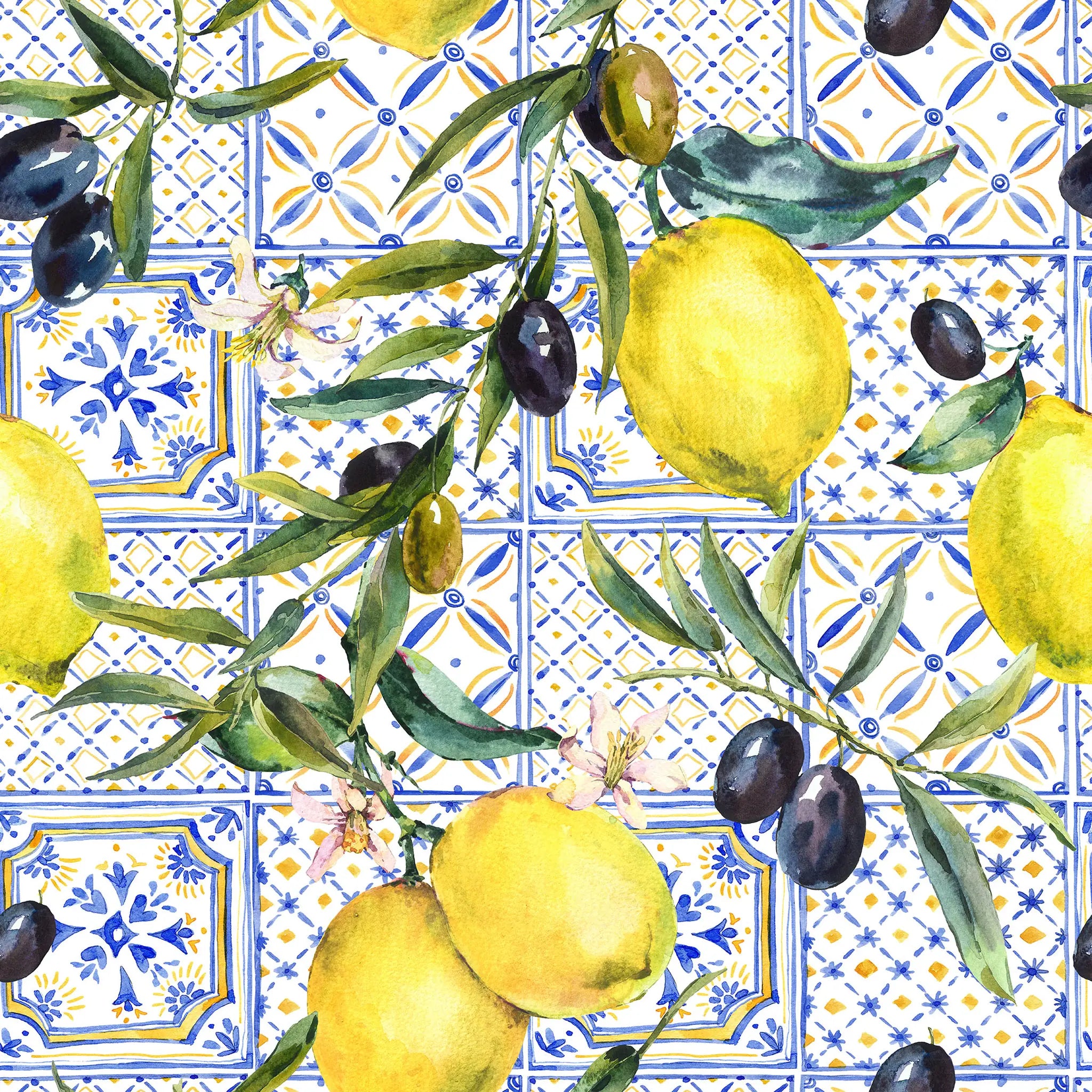 Pattern of lemons, olives, and green leaves on a blue and white tiled background