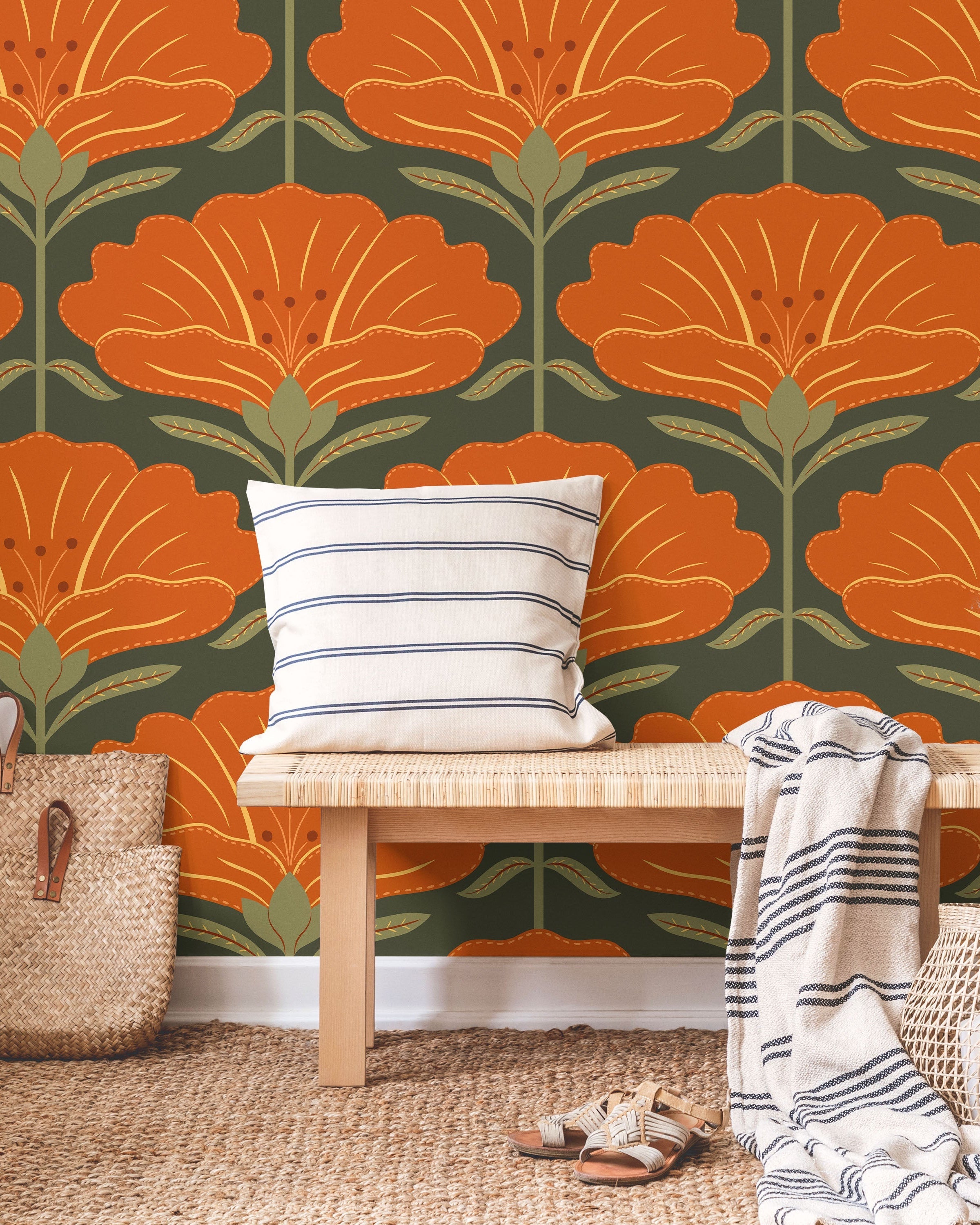Dreamy Daisies Peel and Stick Wallpaper, Removable Wallpaper, Traditional Wallpaper - Orange | DeccoPrint