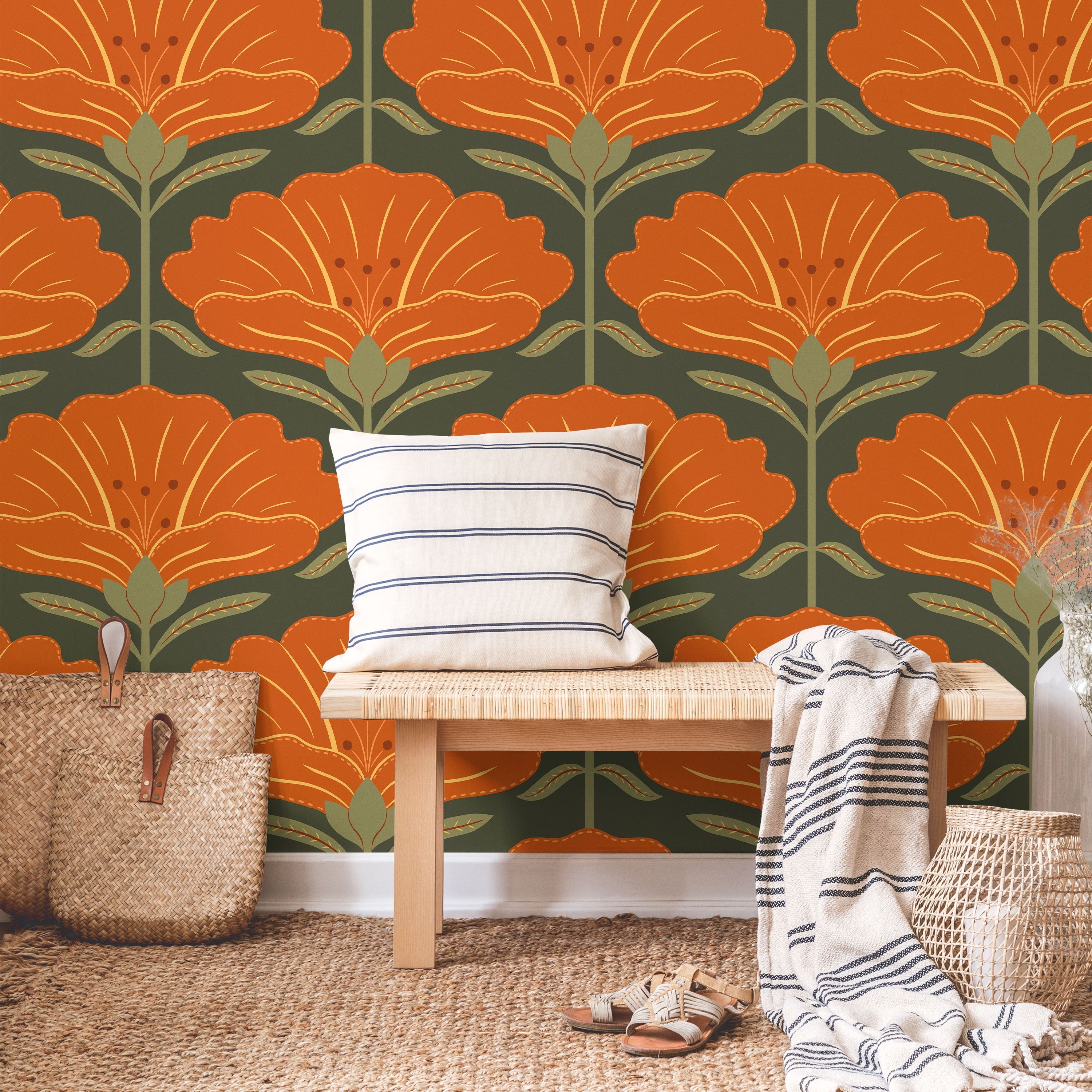 Dreamy Daisies Peel and Stick Wallpaper, Removable Wallpaper, Traditional Wallpaper - Orange | DeccoPrint