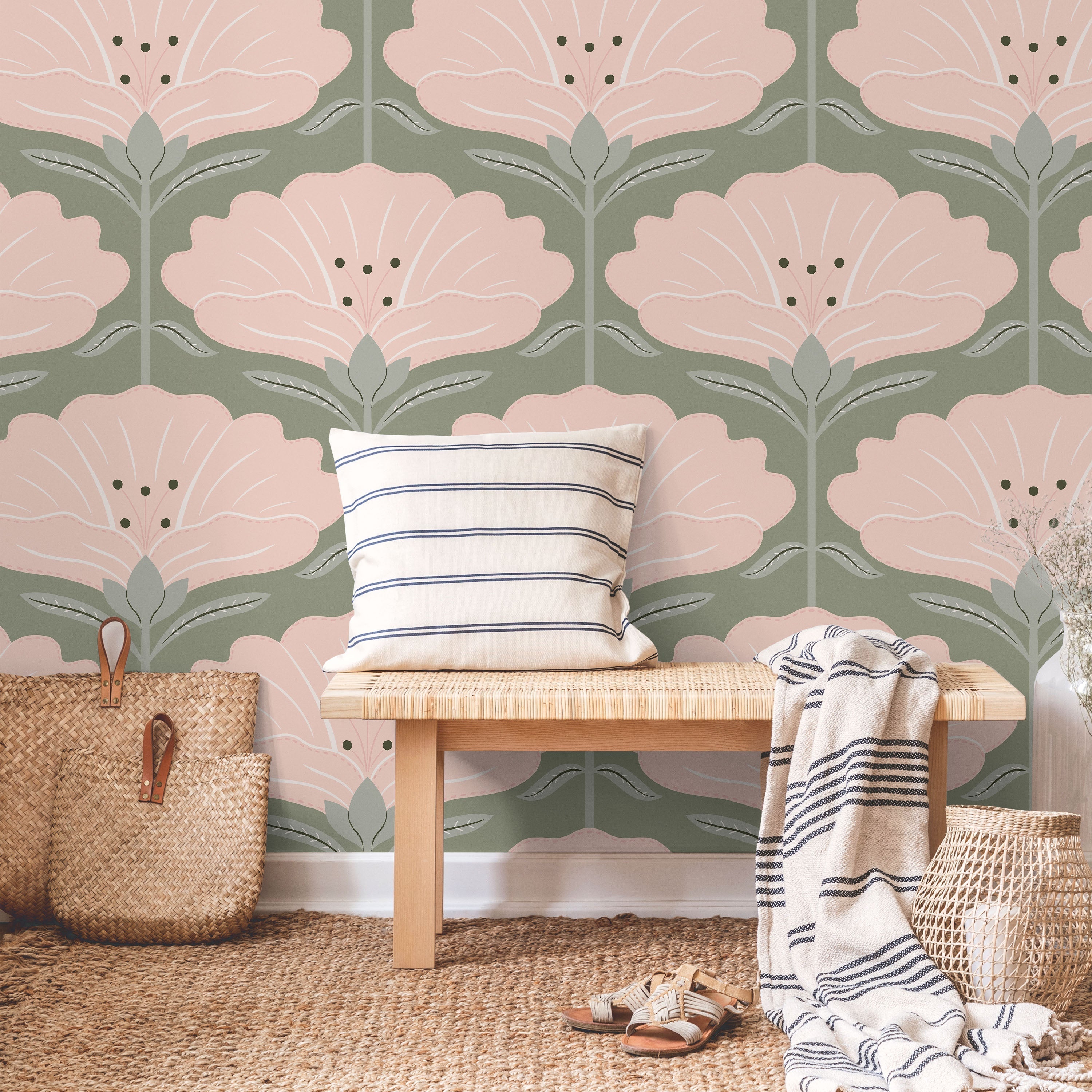 Dreamy Daisies Peel and Stick Wallpaper, Removable Wallpaper, Traditional Wallpaper - Pink | DeccoPrint