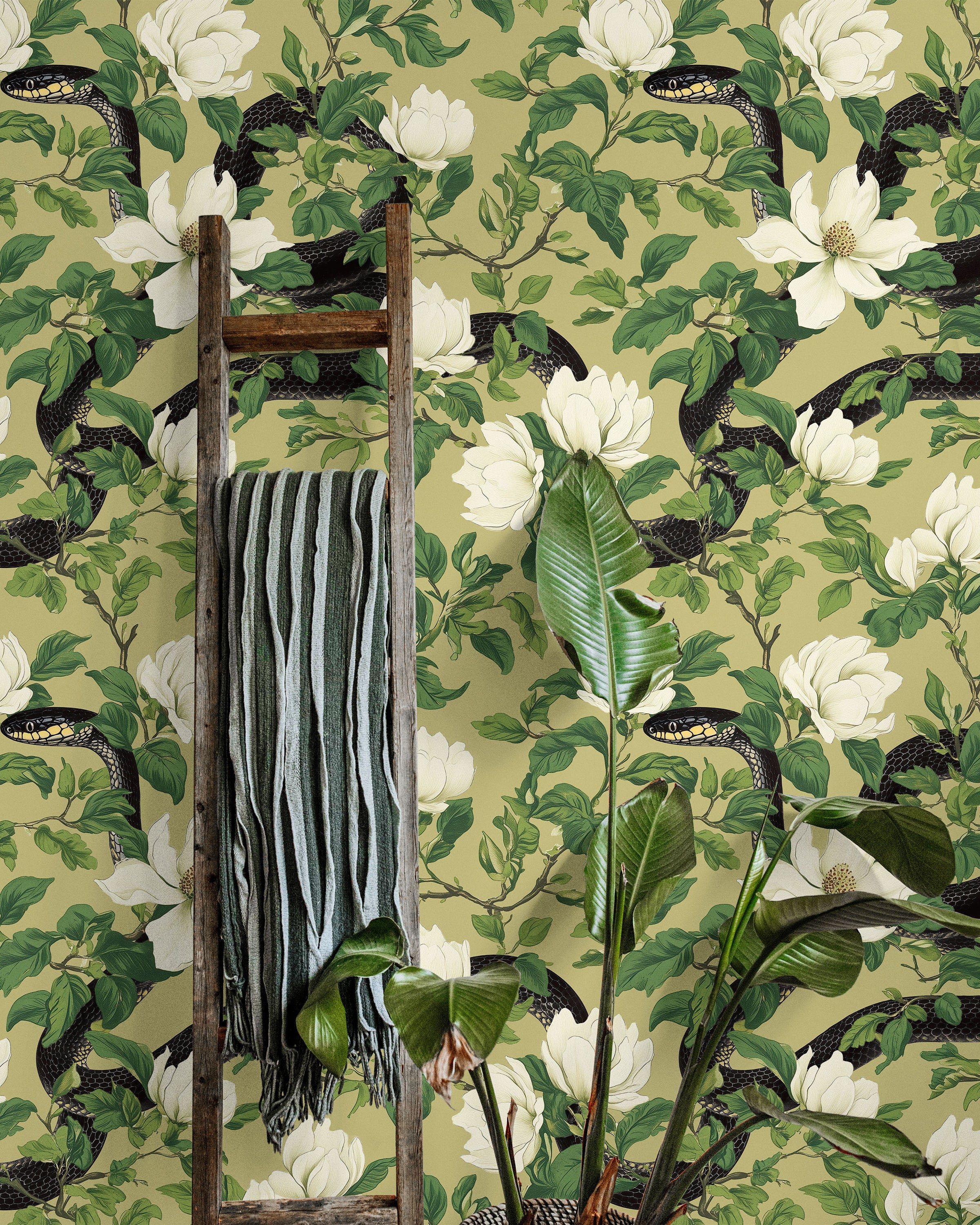 Snakes in Foliage Peel and Stick Wallpaper, Removable Wallpaper, Traditional Wallpaper - Olive Green | DeccoPrint
