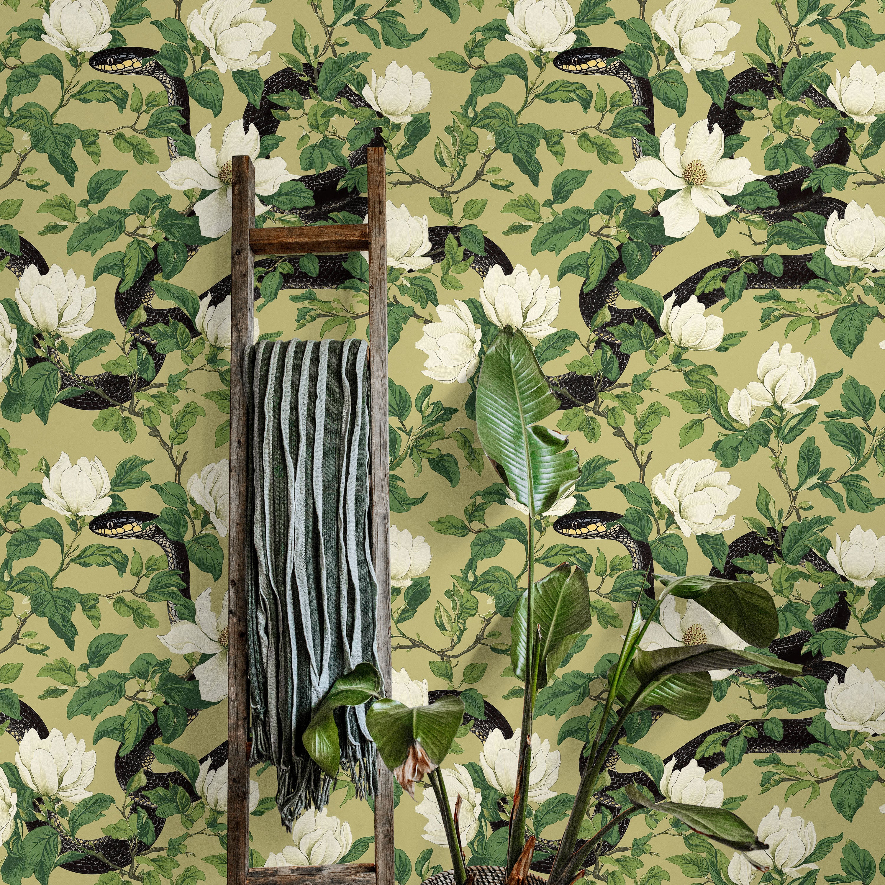 Snakes in Foliage Peel and Stick Wallpaper, Removable Wallpaper, Traditional Wallpaper - Olive Green | DeccoPrint