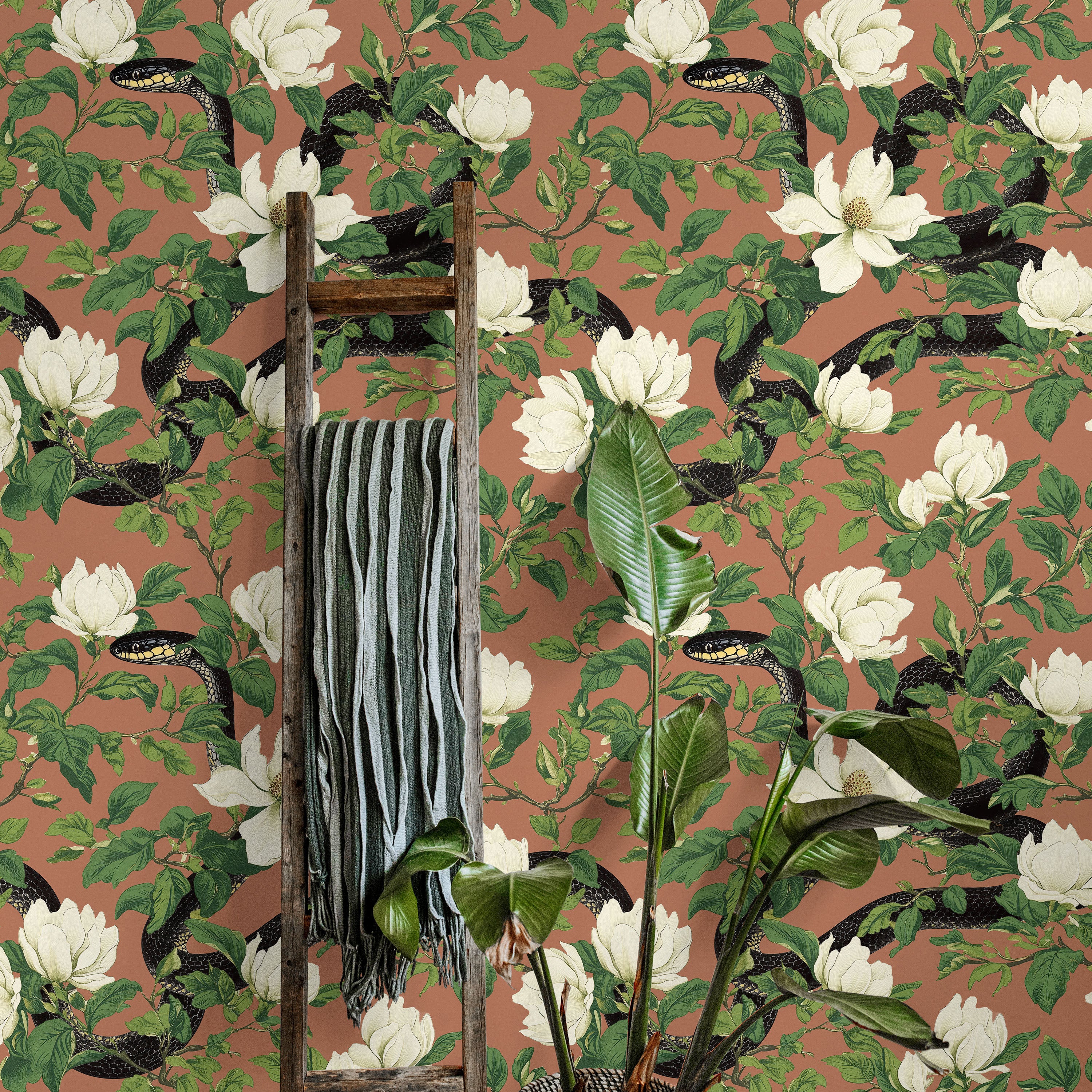 Snakes in Foliage Peel and Stick Wallpaper, Removable Wallpaper, Traditional Wallpaper - Vintage Brown | DeccoPrint