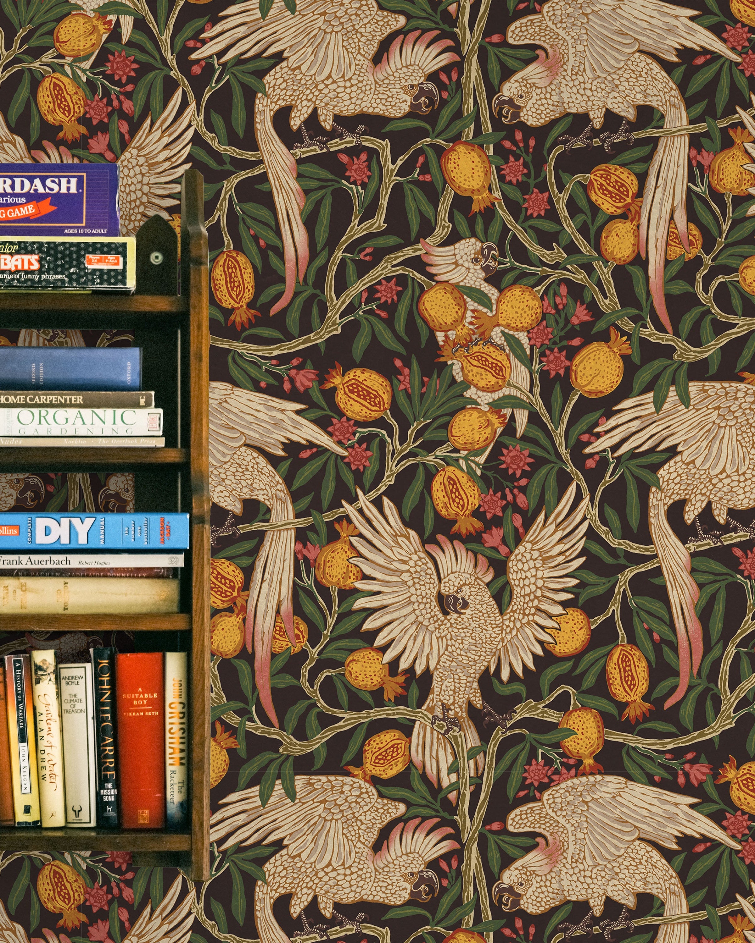 Walter Crane x Cockatoo and Pomegranate Peel and Stick Wallpaper, Removable Wallpaper, Traditional Wallpaper - Vintage Black | DeccoPrint
