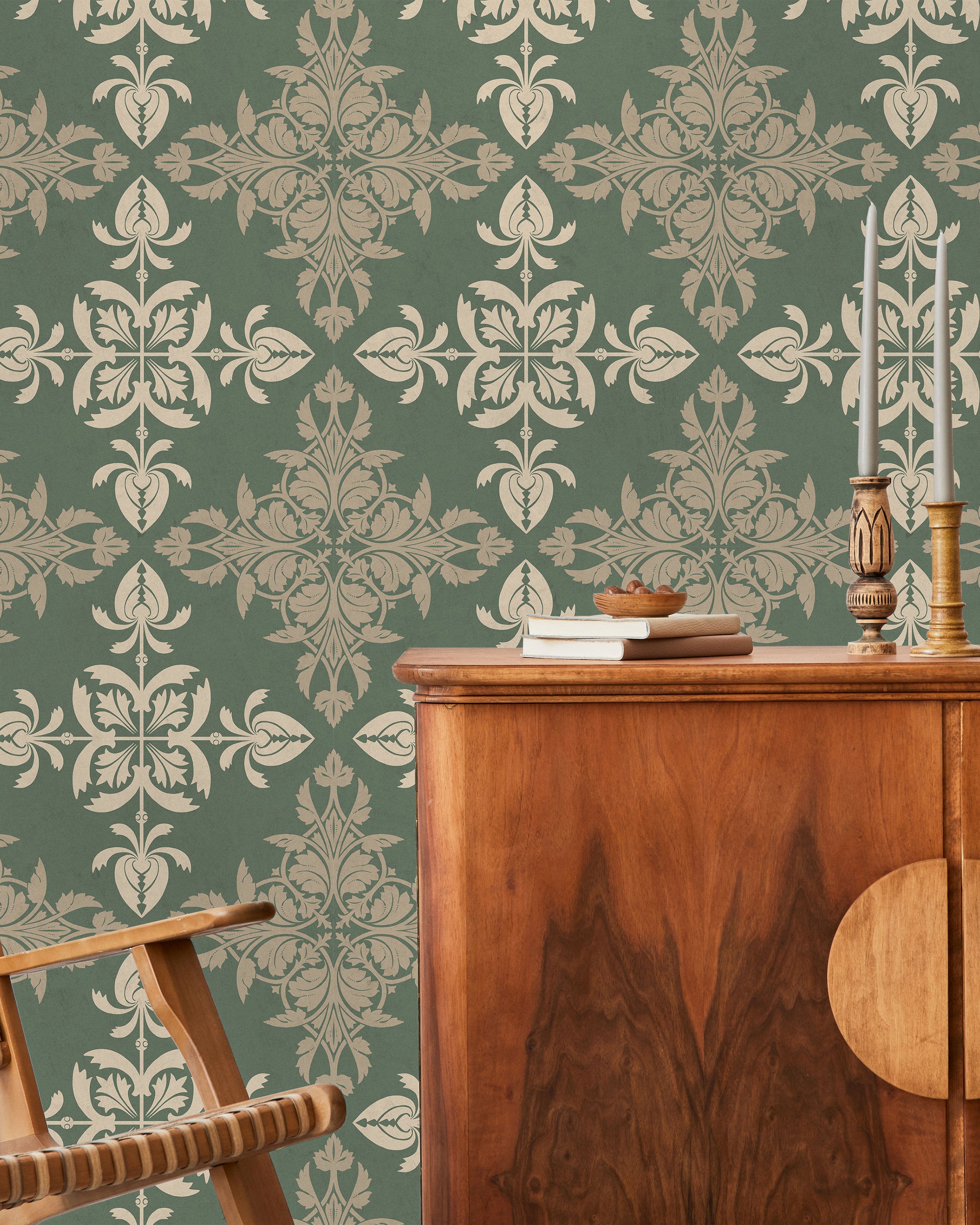 Christopher Dresser x Decorative Symmetry Peel and Stick Wallpaper, Removable Wallpaper, Traditional Wallpaper - Dusty Green | DeccoPrint