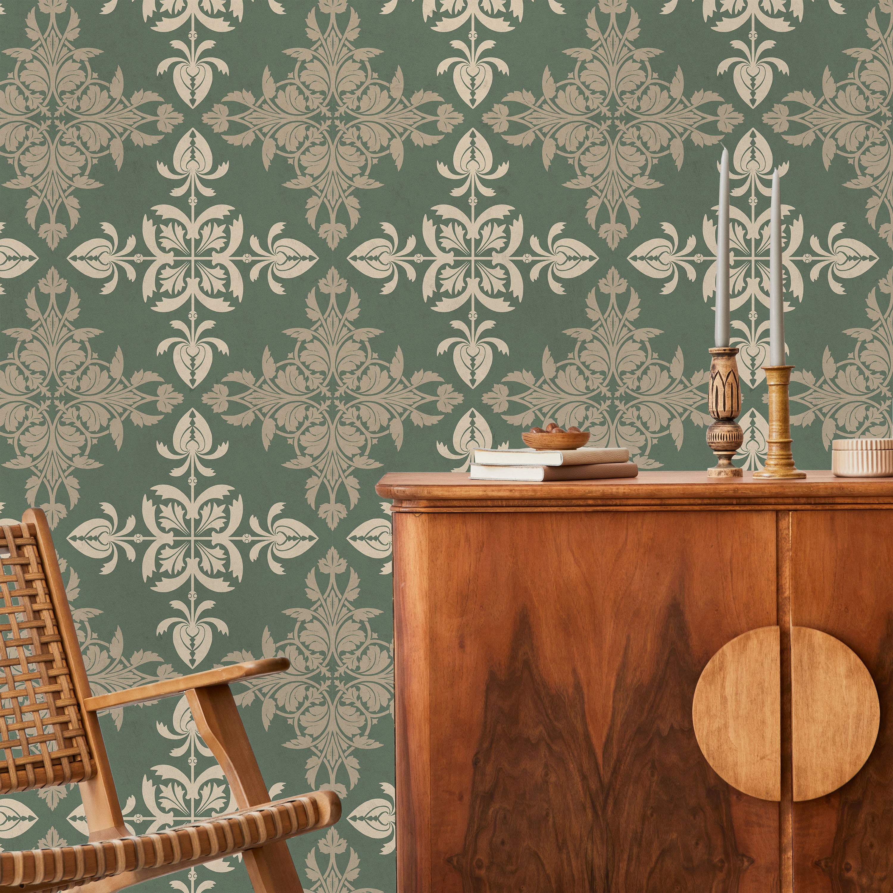 Christopher Dresser x Decorative Symmetry Peel and Stick Wallpaper, Removable Wallpaper, Traditional Wallpaper - Dusty Green | DeccoPrint
