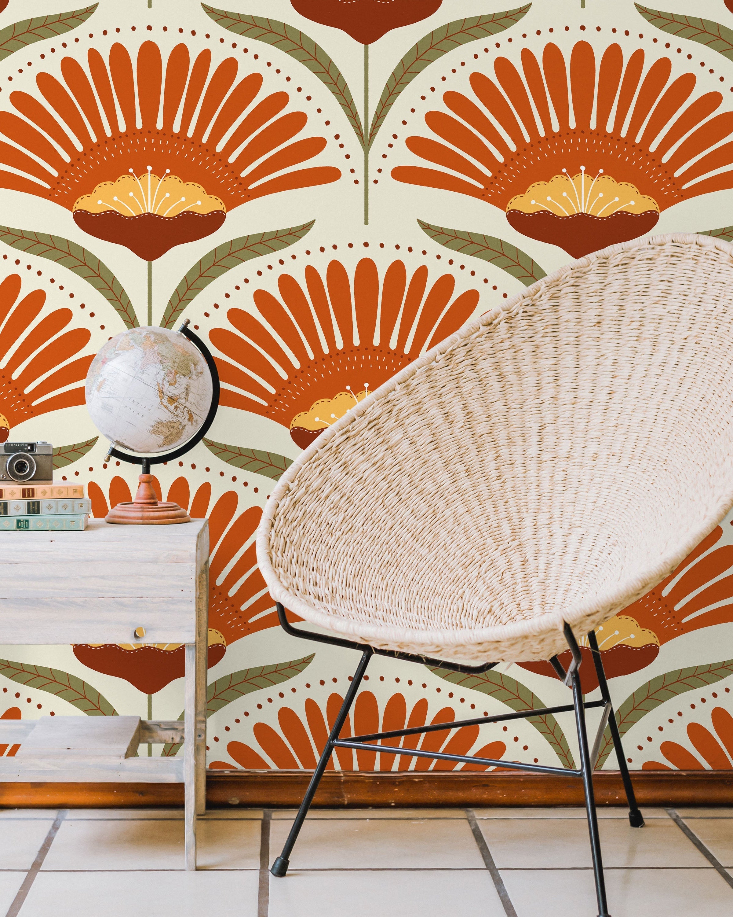 Bohemian Blossom Peel and Stick Wallpaper, Removable Wallpaper, Traditional Wallpaper - Orange | DeccoPrint