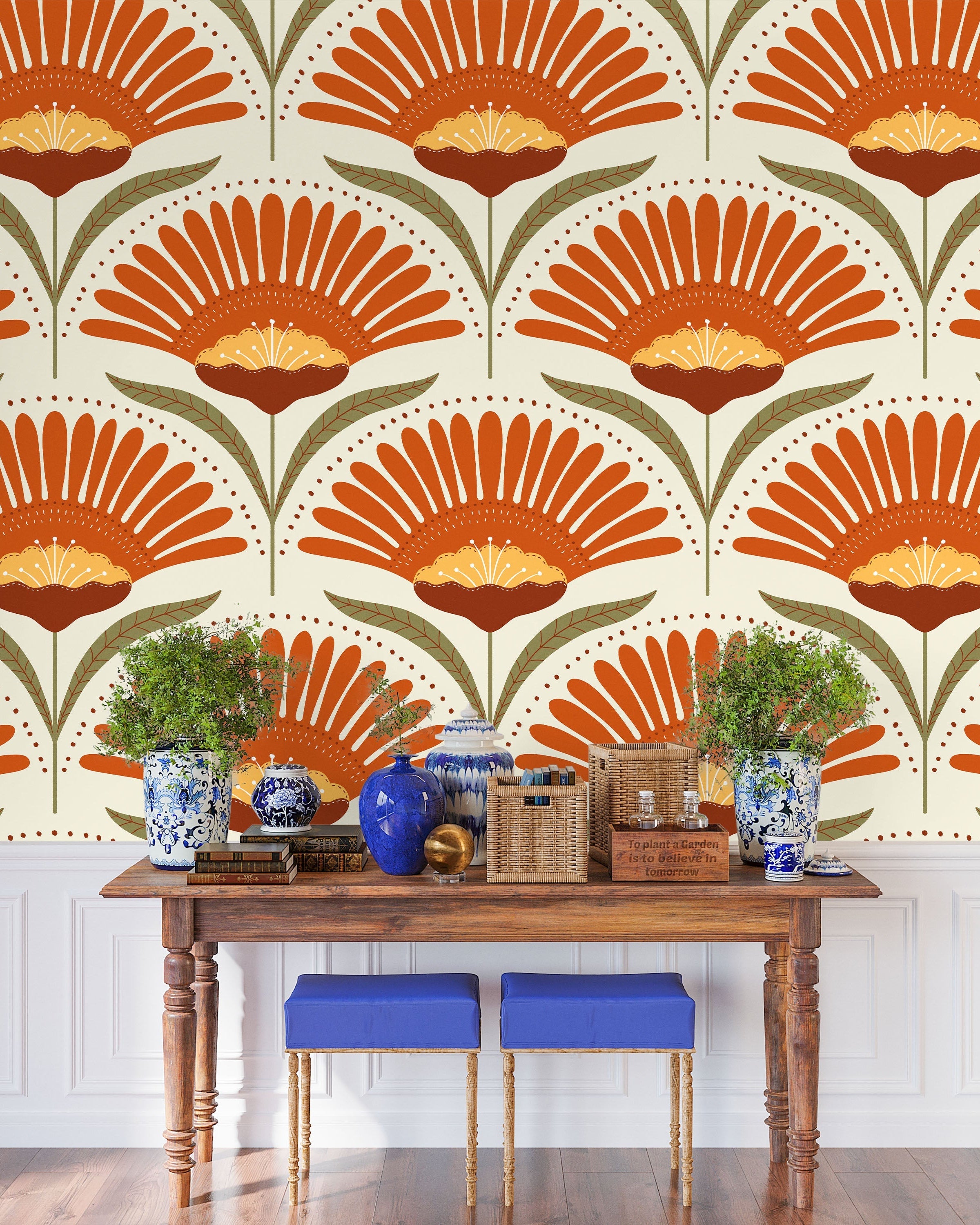 Bohemian Blossom Peel and Stick Wallpaper, Removable Wallpaper, Traditional Wallpaper - Orange | DeccoPrint