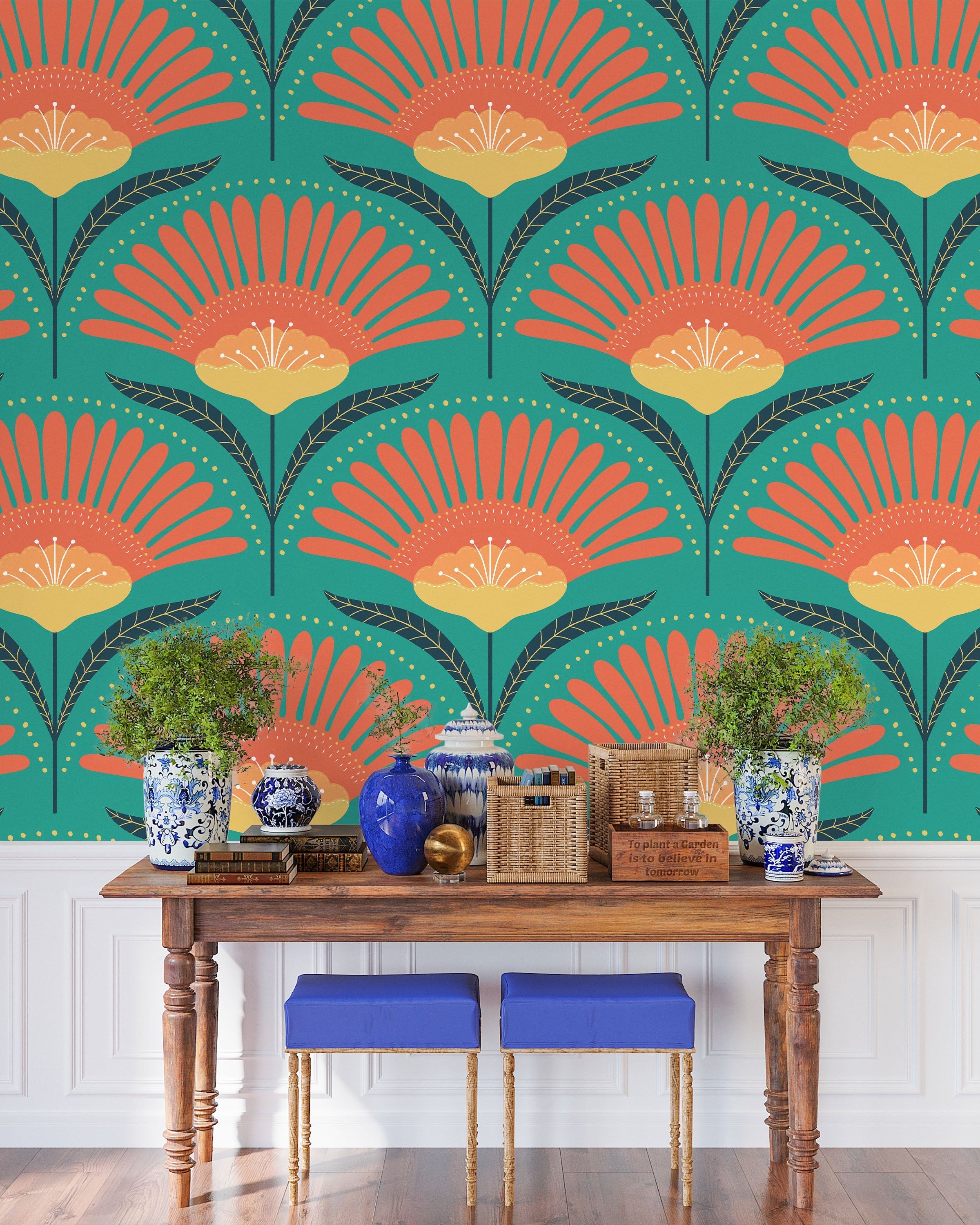 Bohemian Blossom Peel and Stick Wallpaper, Removable Wallpaper, Traditional Wallpaper - Teal | DeccoPrint