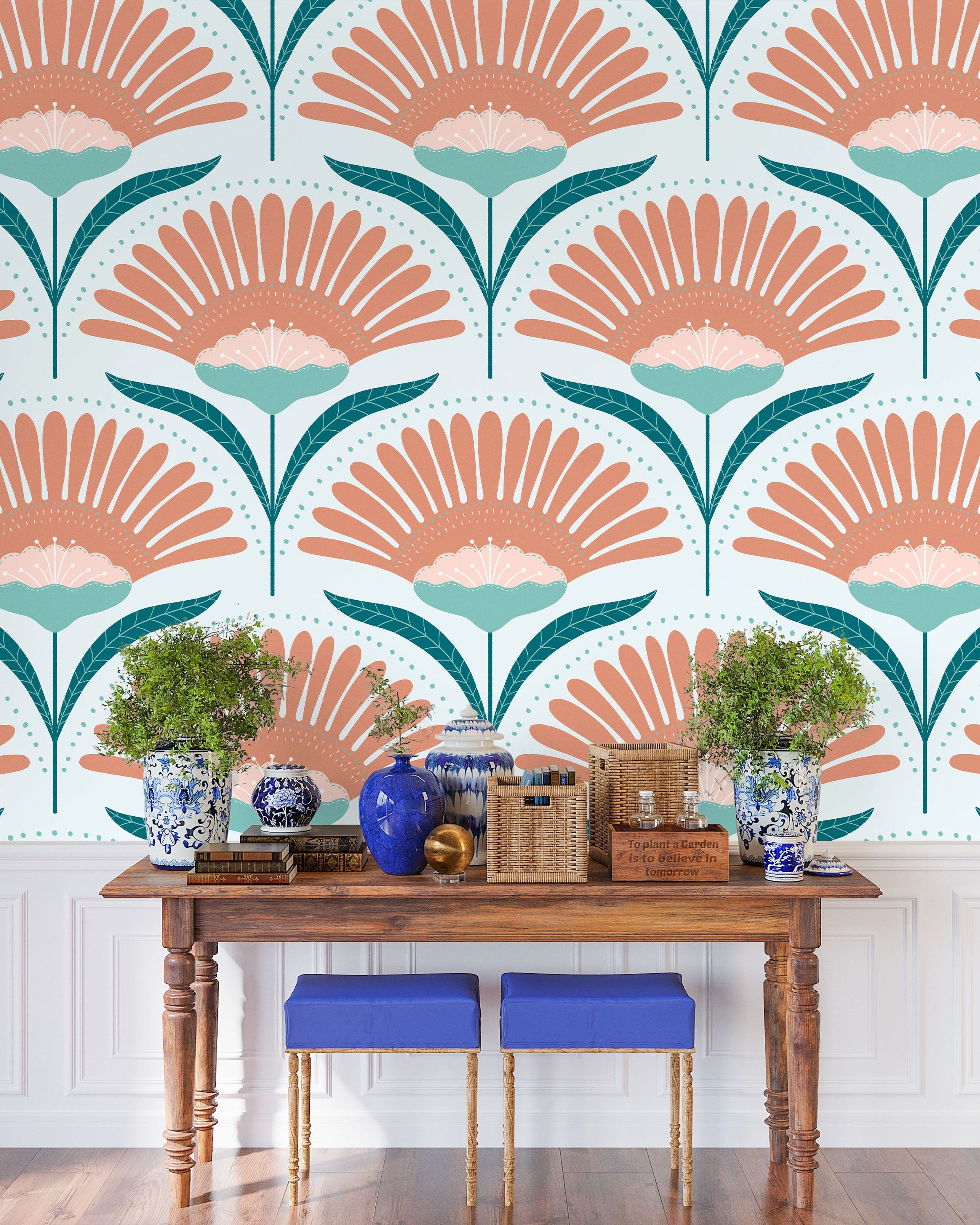 Bohemian Blossom Peel and Stick Wallpaper, Removable Wallpaper, Traditional Wallpaper - Mint | DeccoPrint
