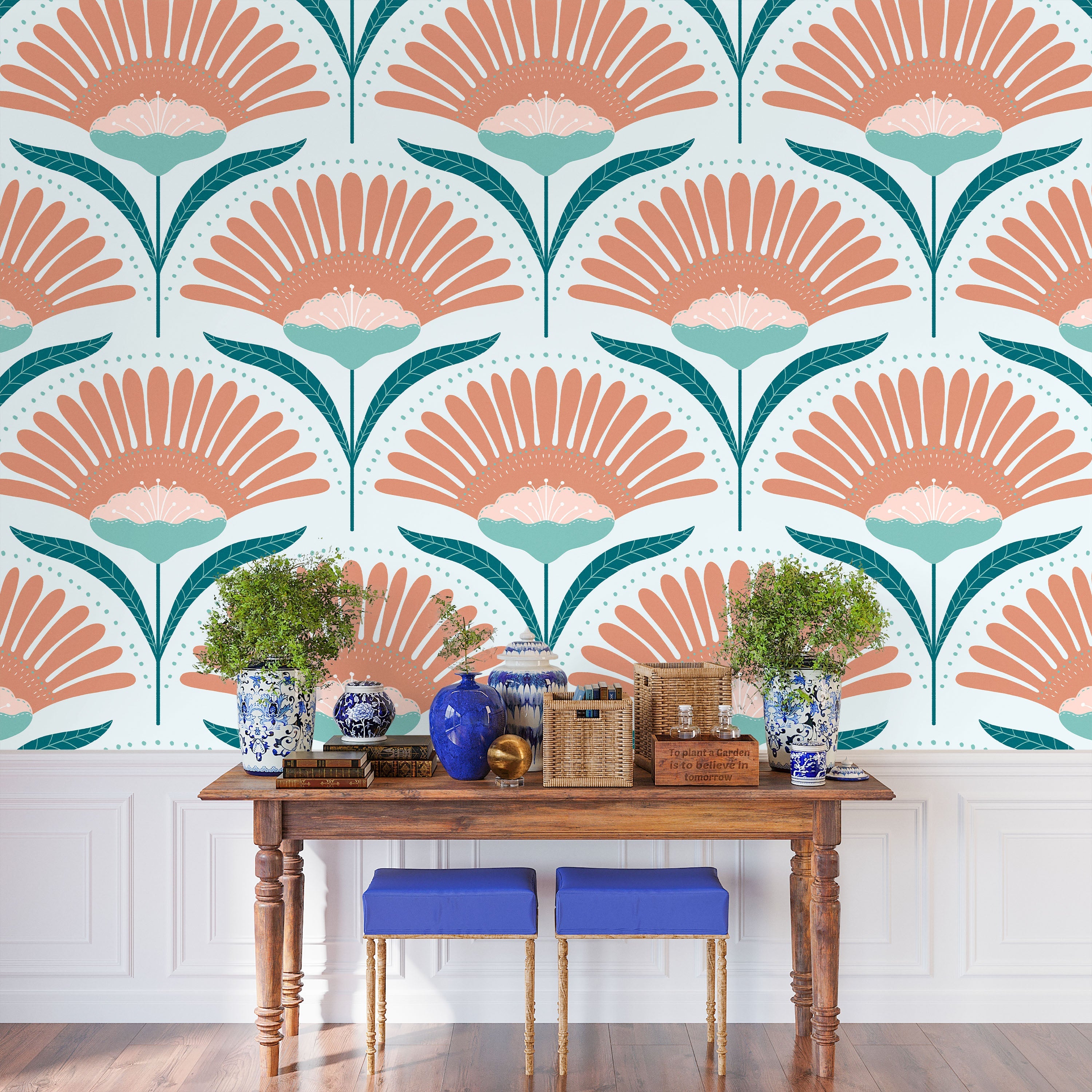 Bohemian Blossom Peel and Stick Wallpaper, Removable Wallpaper, Traditional Wallpaper - Mint | DeccoPrint