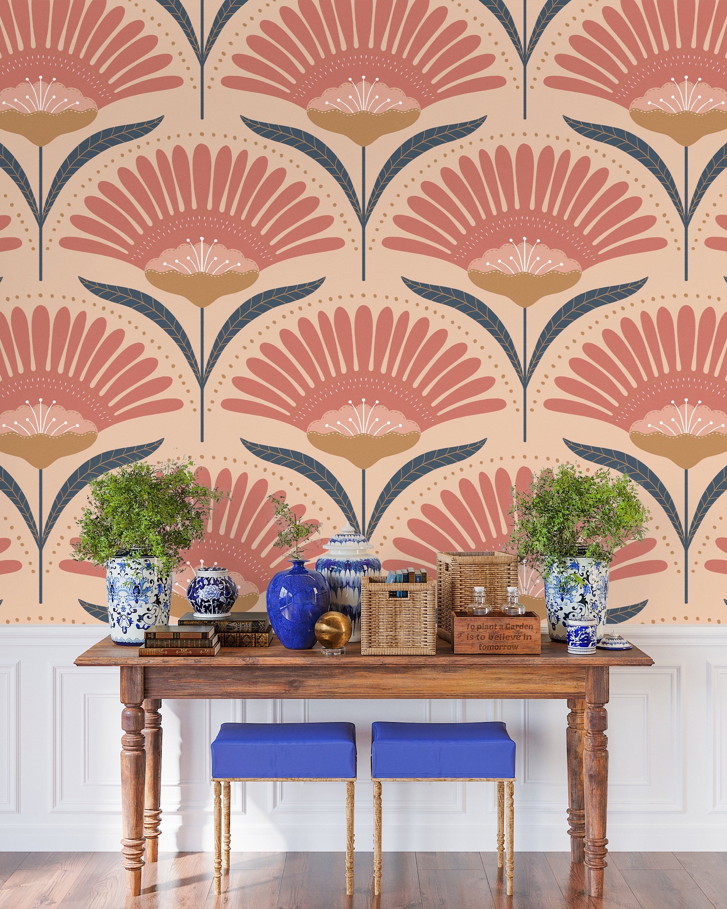 Bohemian Blossom Peel and Stick Wallpaper, Removable Wallpaper, Traditional Wallpaper - Peach | DeccoPrint