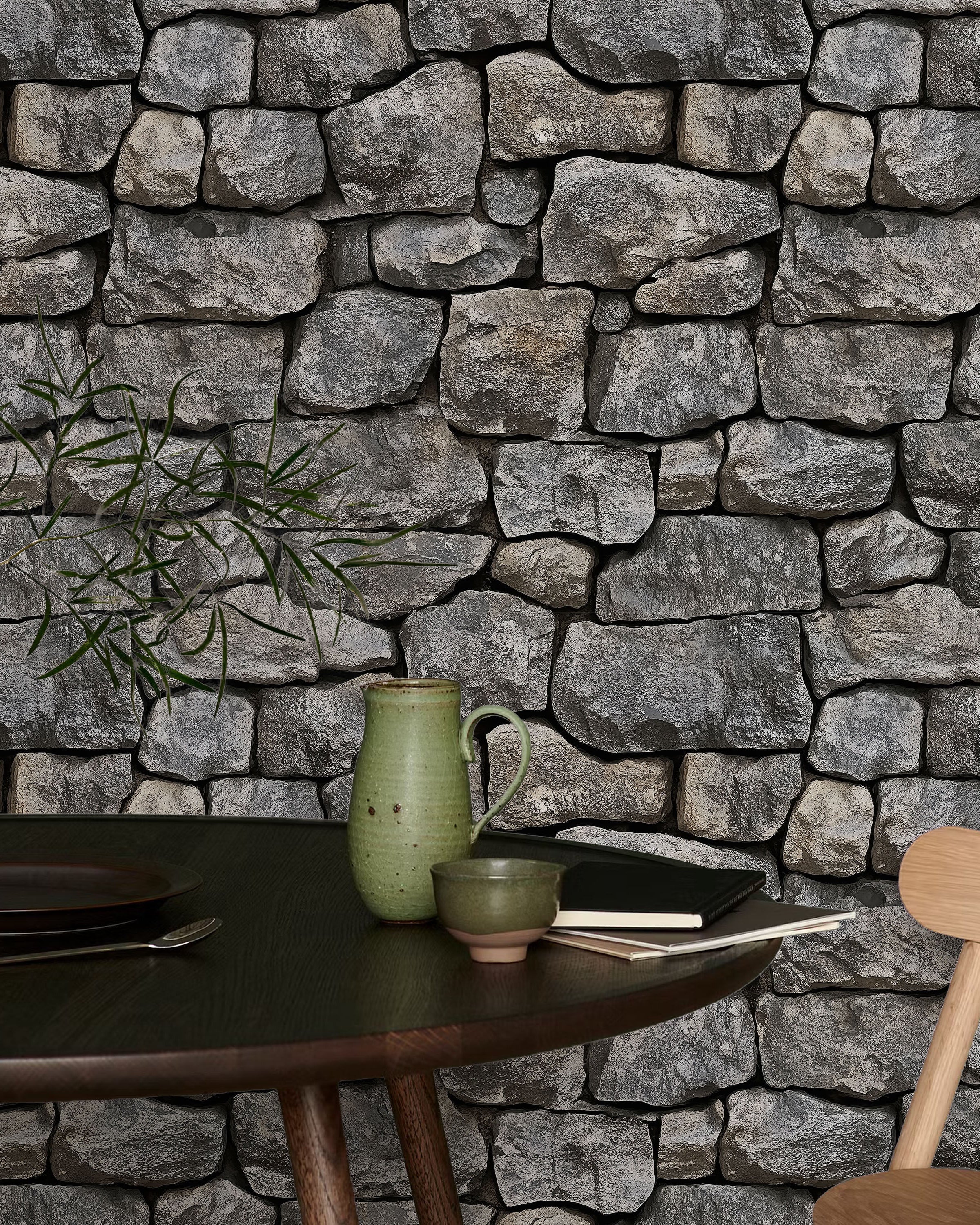 Urban Masonry Peel and Stick Wallpaper, Removable Wallpaper, Traditional Wallpaper - Charcoal Stones | DeccoPrint