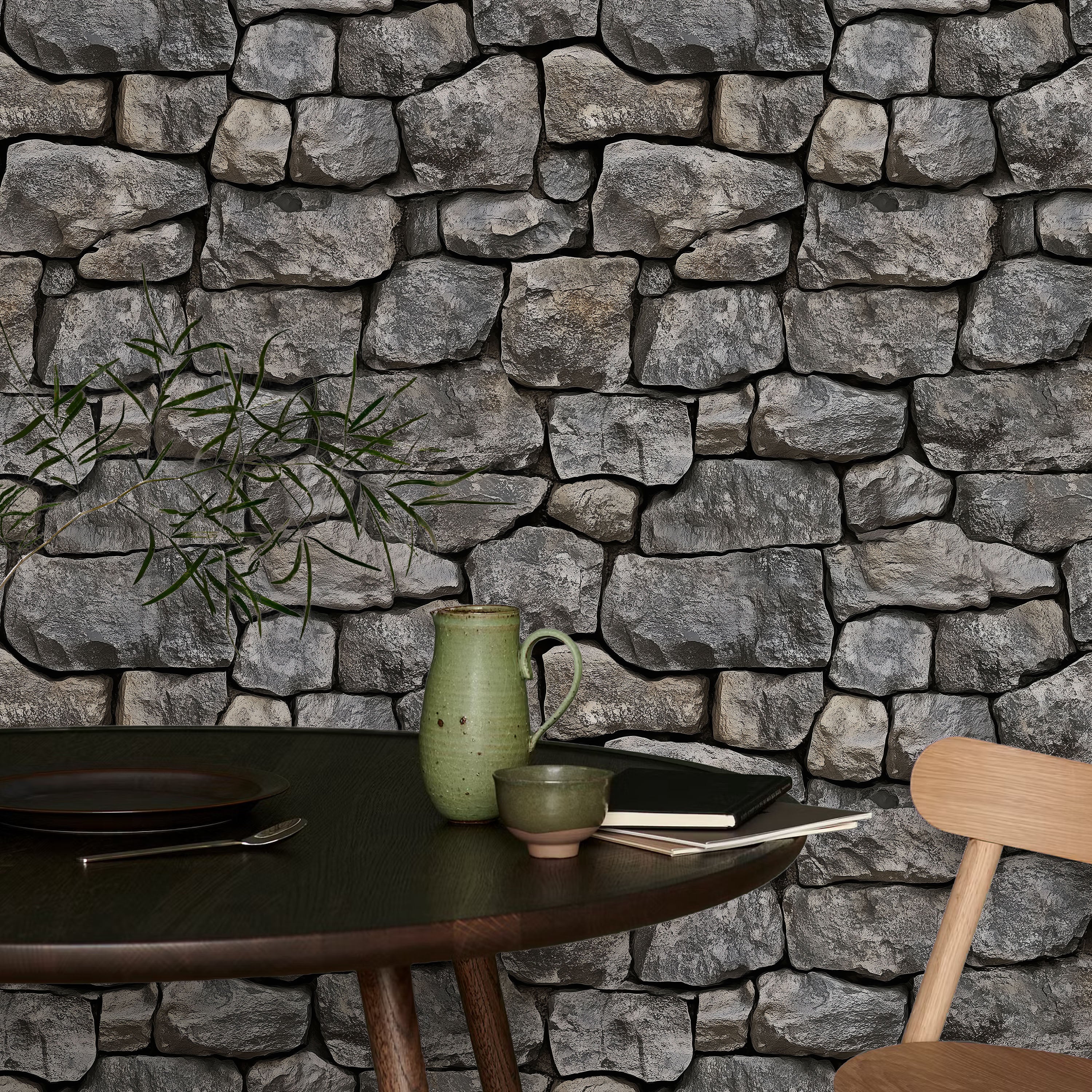 Urban Masonry Peel and Stick Wallpaper, Removable Wallpaper, Traditional Wallpaper - Charcoal Stones | DeccoPrint