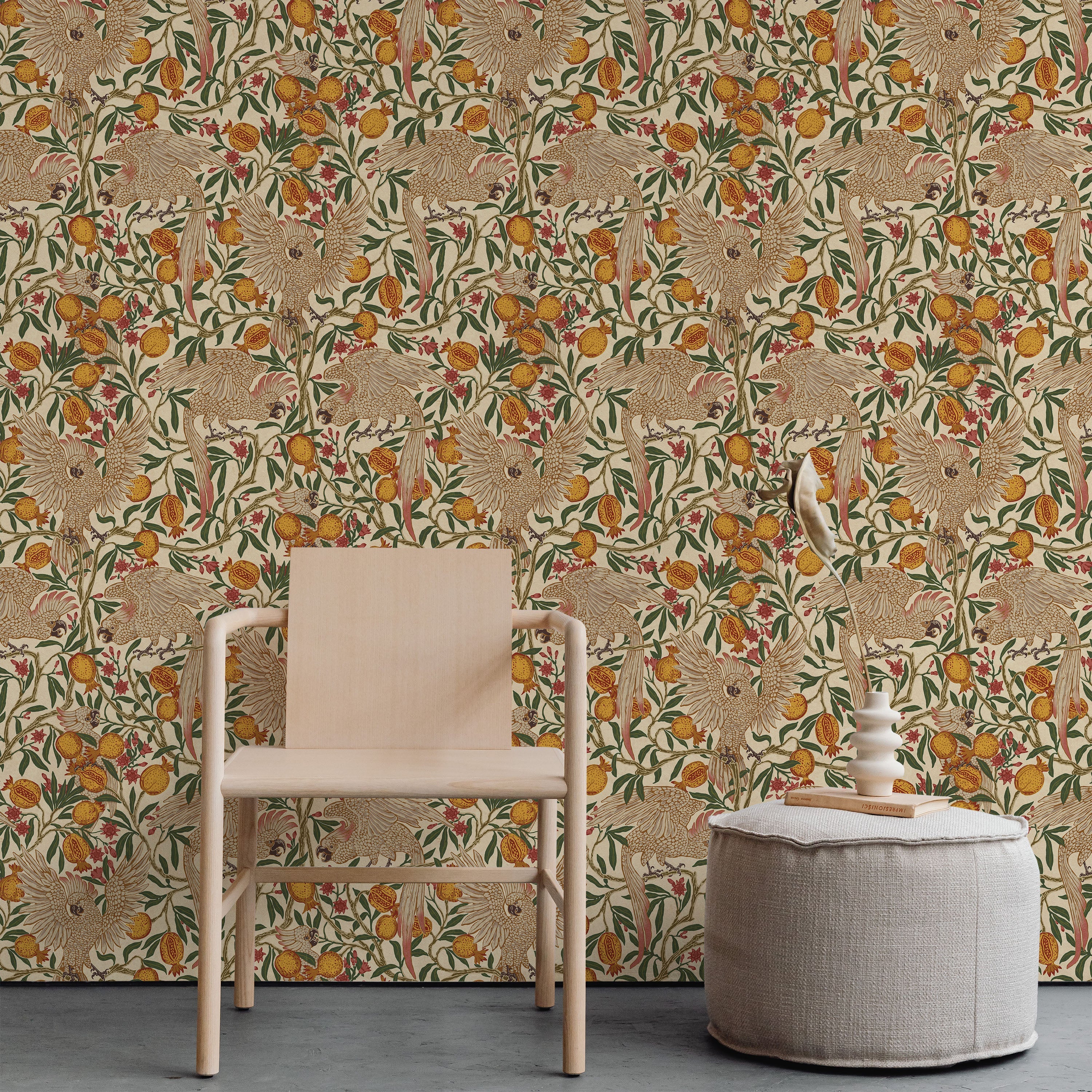 Walter Crane x Cockatoo and Pomegranate Peel and Stick Wallpaper, Removable Wallpaper, Traditional Wallpaper - Soft Beige | DeccoPrint